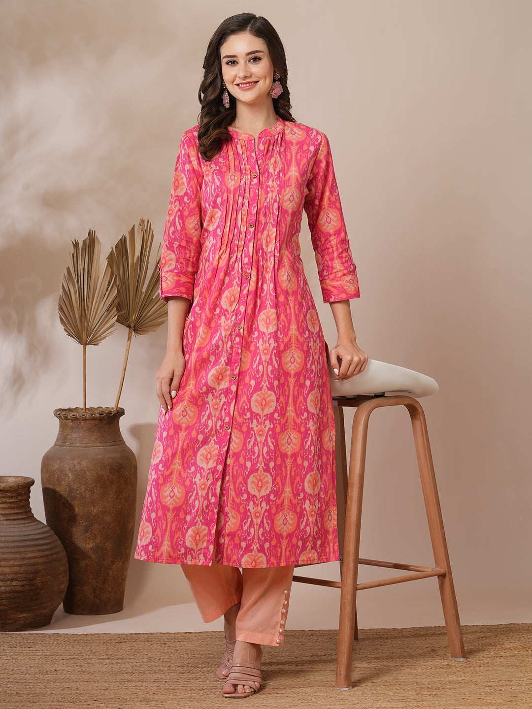 FASHOR Ethnic Ikat Printed A-Line Pin Tucked Kurta - Pink