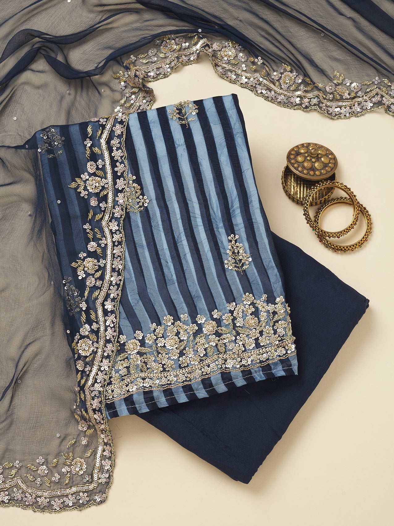Koskii Navy Blue Cutdana Semi Crepe Unstitched Salwar Suit