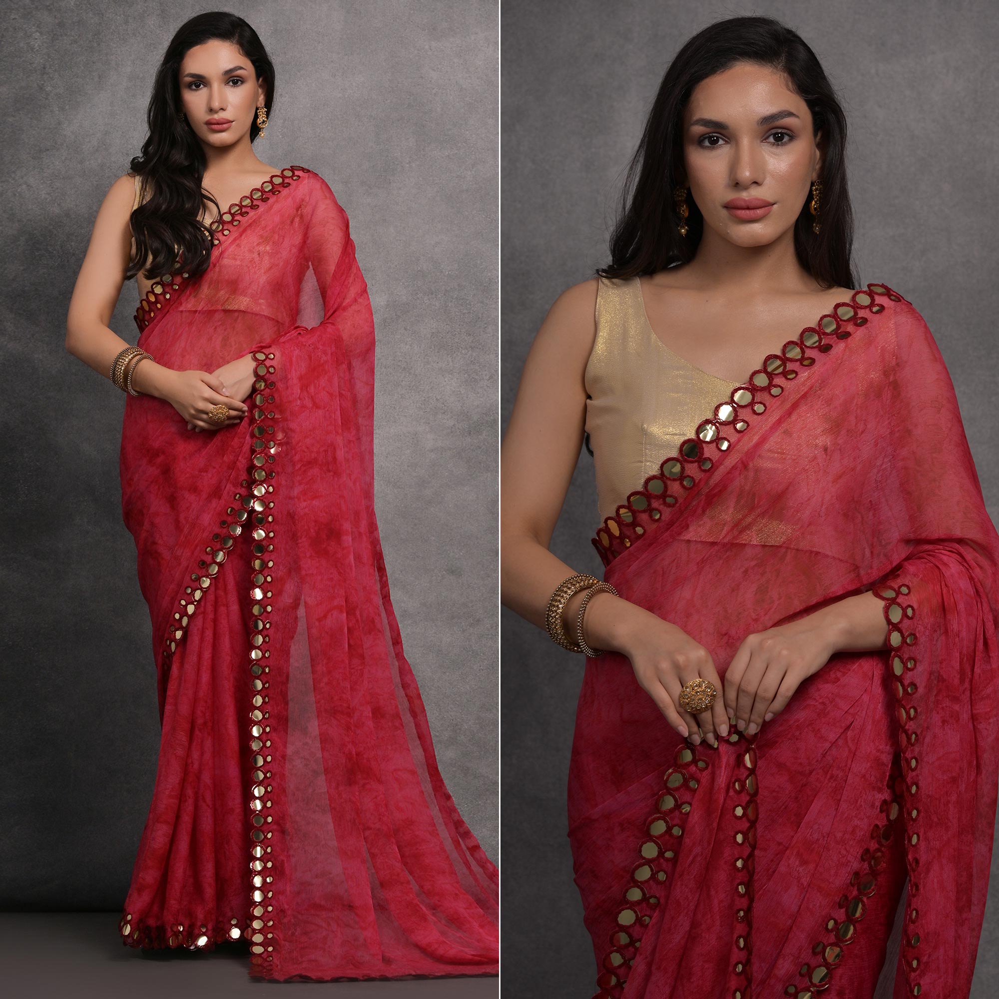Peachmode Maroon Printed With Mirror Work Georgette Saree