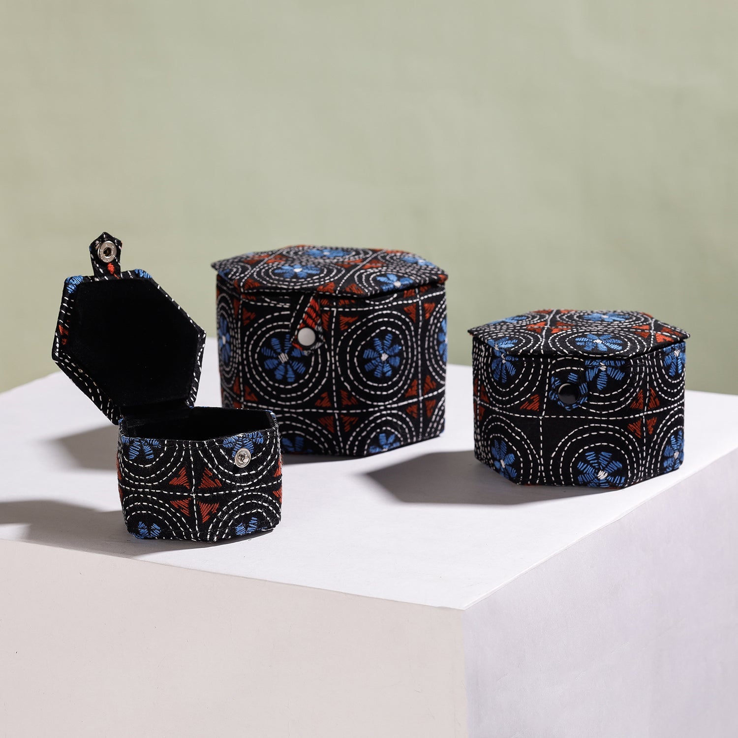 ASALKAAR Black - Bengal Kantha Work Handcrafted Hexagon Jewelry Box (Set of 3) - view 2