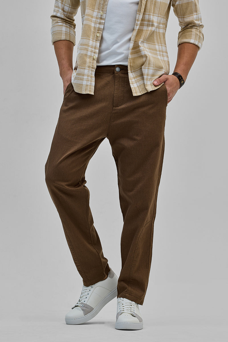 SNITCH Brown Textured Relaxed Fit Trousers