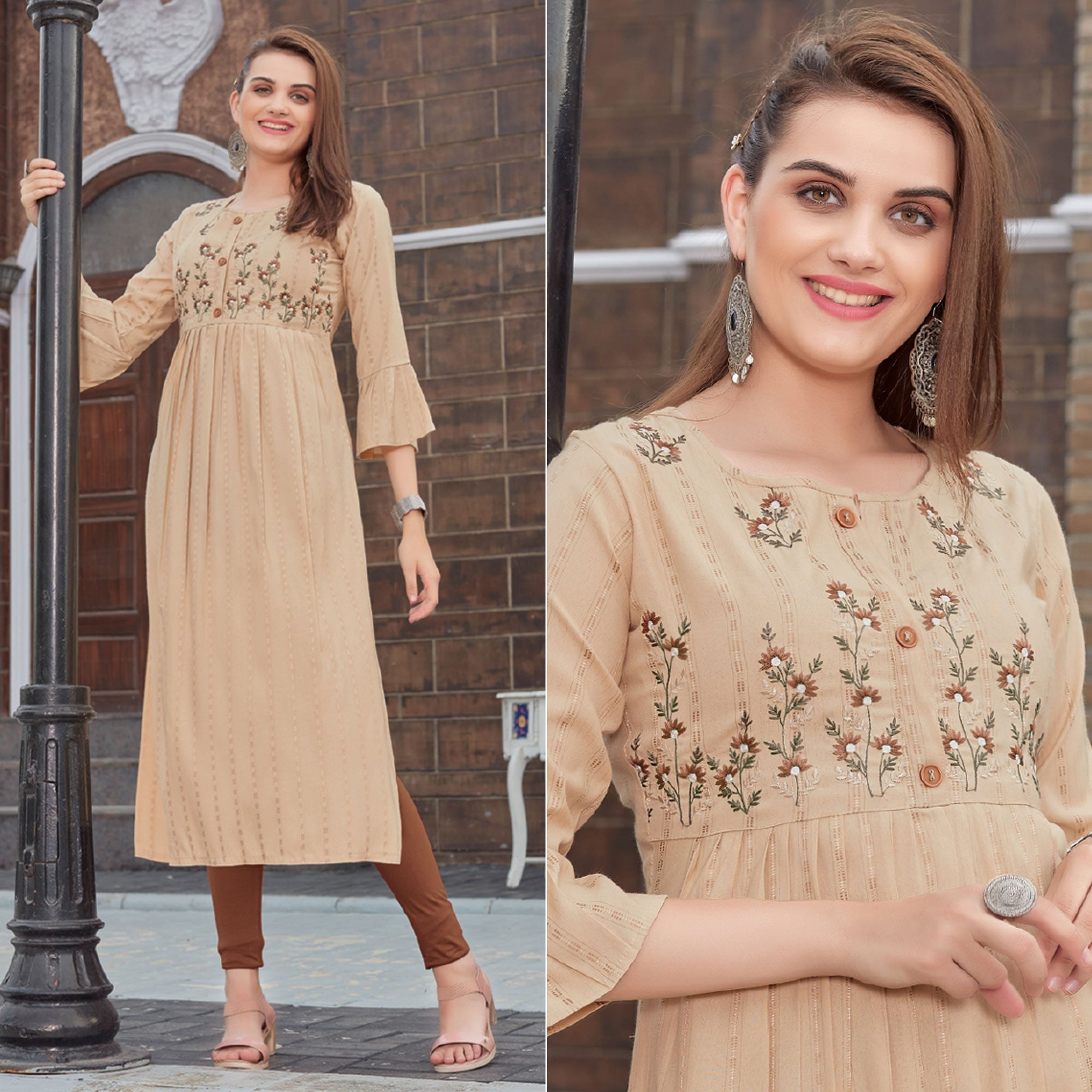 Peachmode Seller Light Brown Floral Embroidered Rayon Naira Cut Kurti