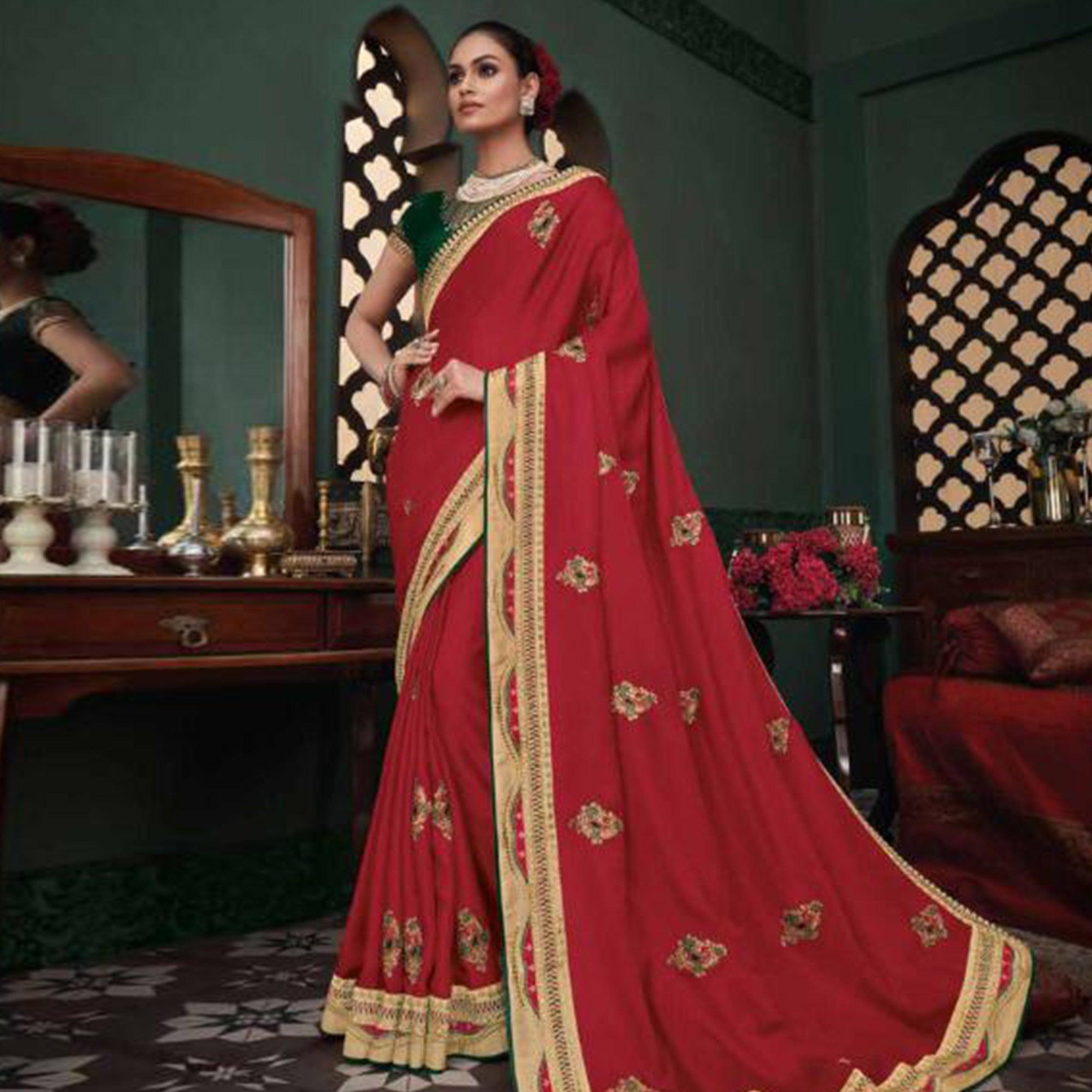 Peachmode Engrossing Red Colored Festive Wear Embroidered Heavy Border Silk Saree