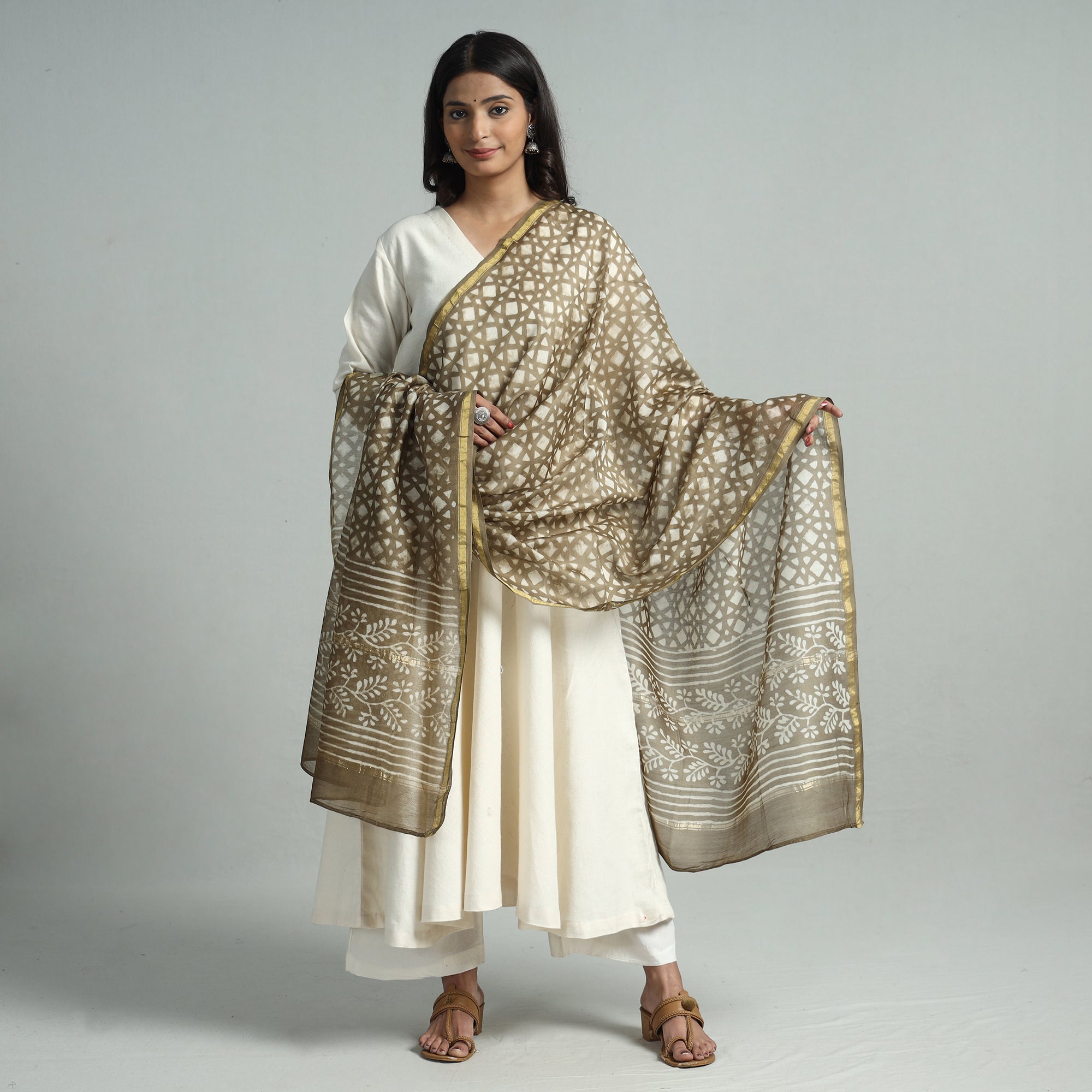 HAVELI CHRONICLES Brown - Pipad Block Printed Chanderi Silk Handloom Dupatta 05