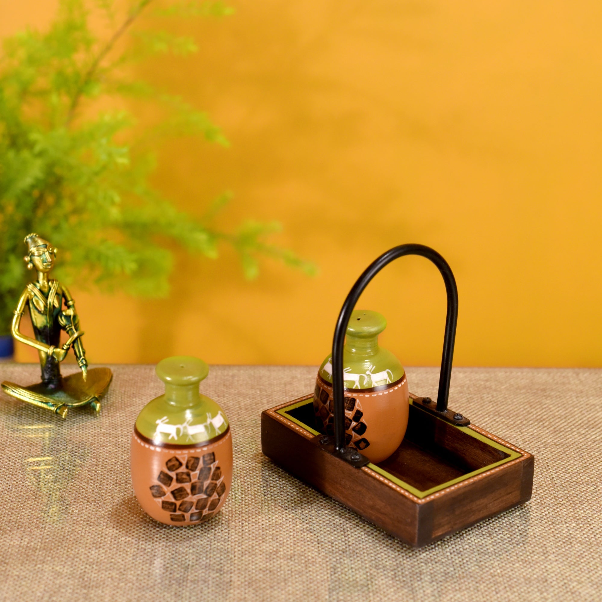 ART CREATIONS BY SUMAN SONTHALIA Asmi Earthen Salt n Pepper Shaker in Wood Tray - view 2