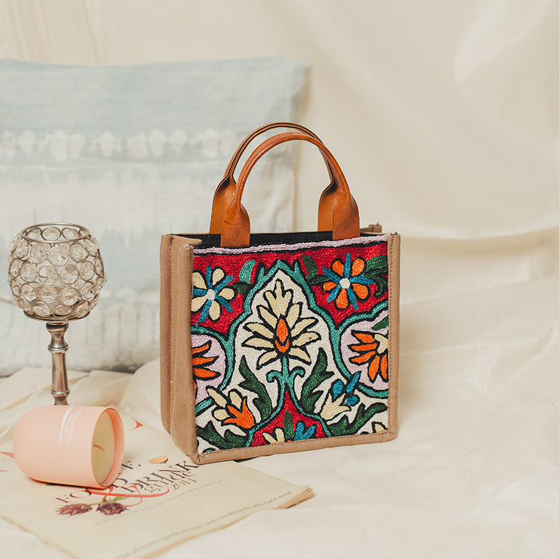 WOCA DESIGNS Brown - Tulip Beige Chain Stitch Hand Embroidery Canvas Mini Book Bag - view 2