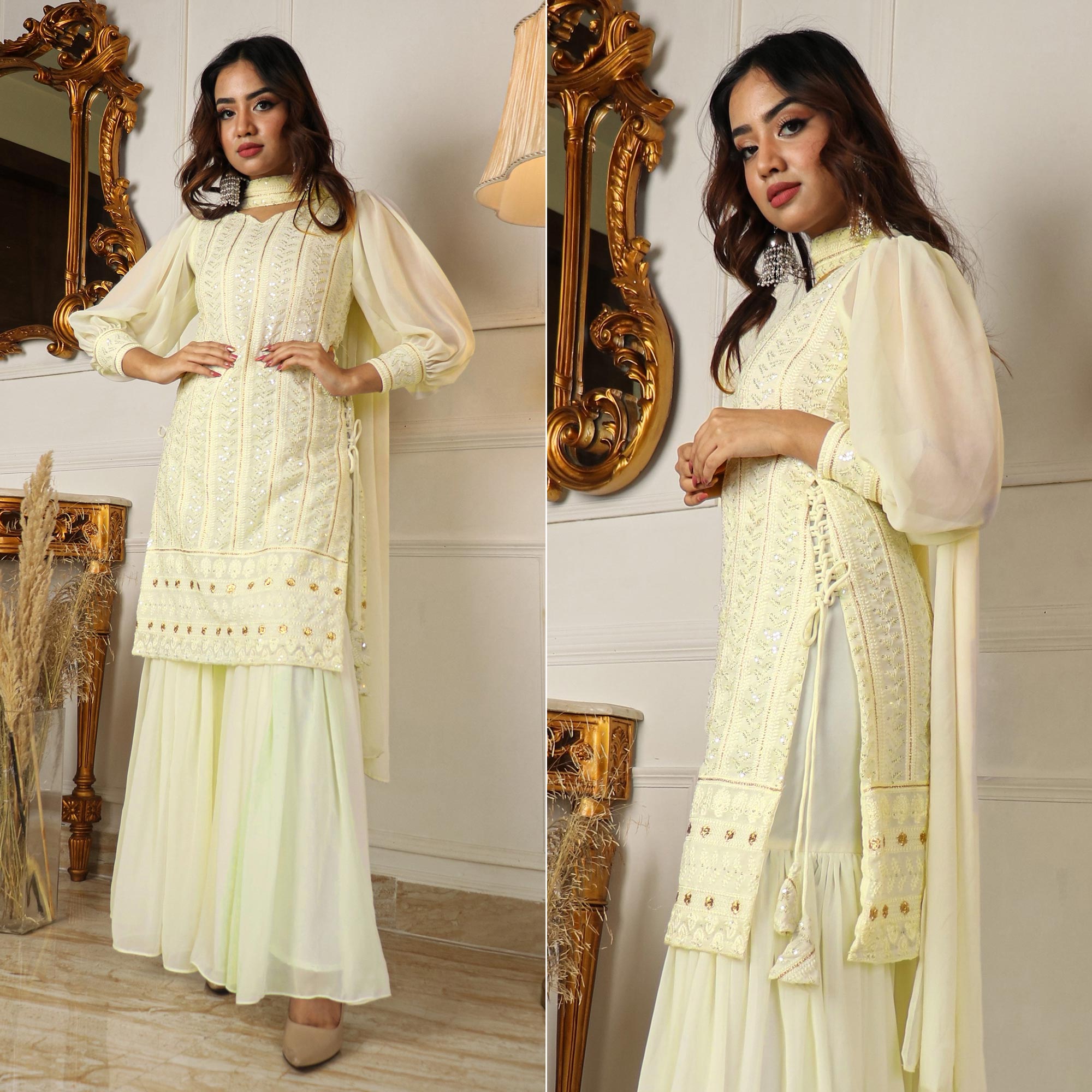 Peachmode Seller Cream Sequins Embroidered Georgette Sharara Suit