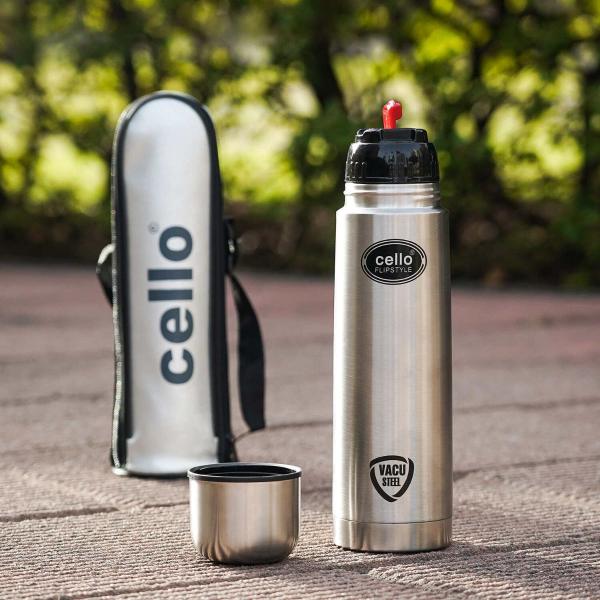 Cello Flipstyle Flask, Vacusteel Water Bottle with Thermal Jacket, 350ml