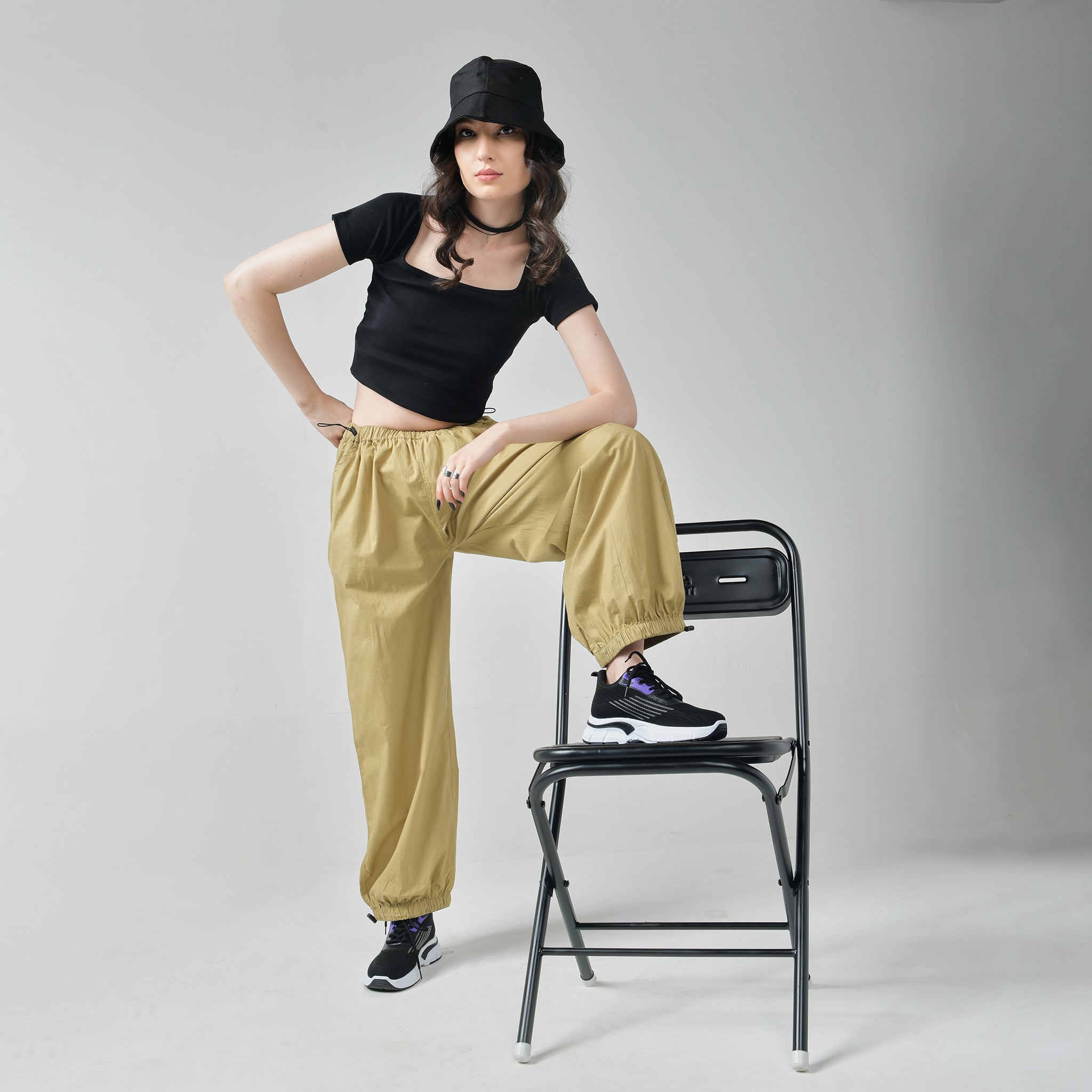 I Z F Black Square Neck Top & Khaki Parachute Pants