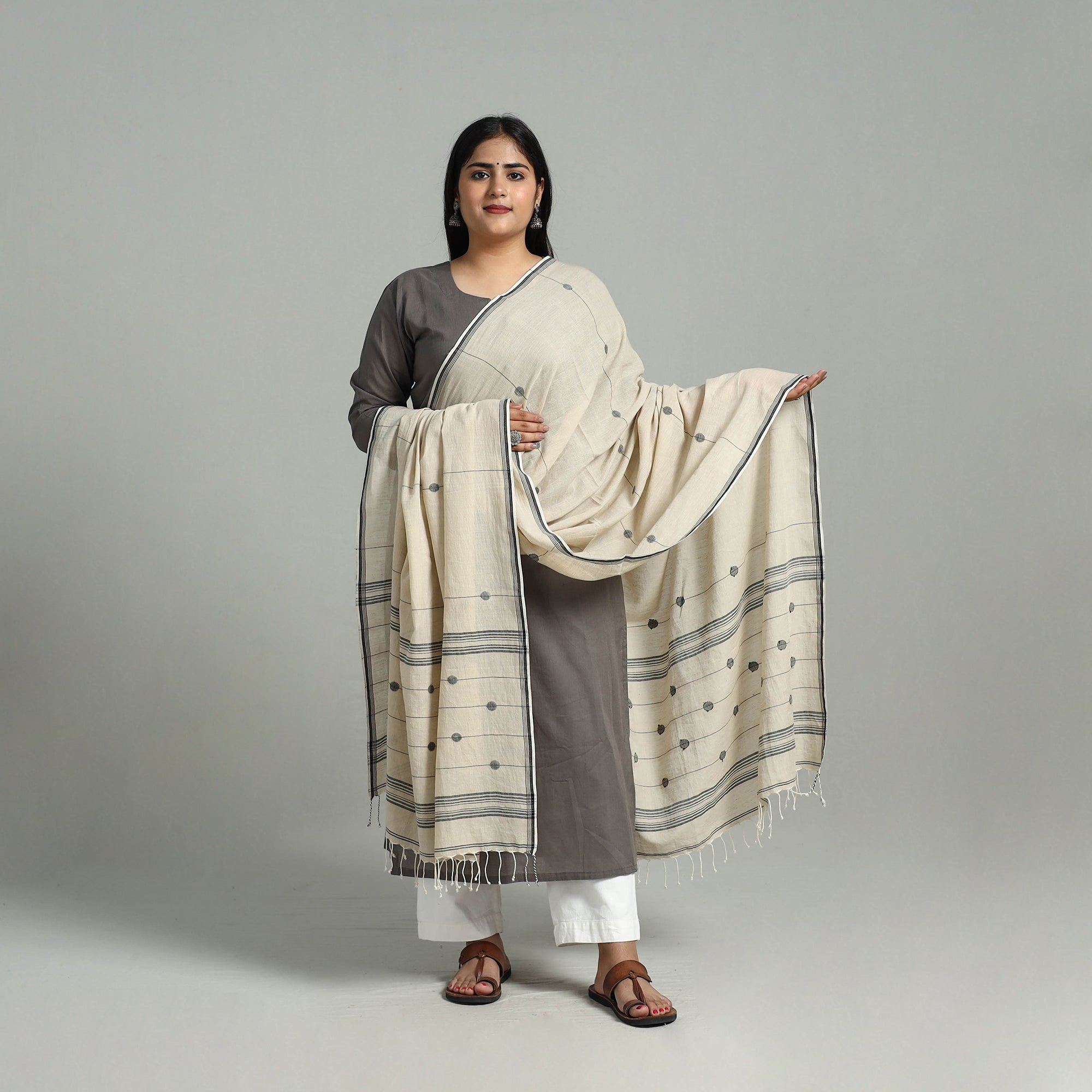 KHUSHBASH - HAPPY LOOM OF EAST Beige - Handloom Cotton Burdwan Jamdani Dupatta 21