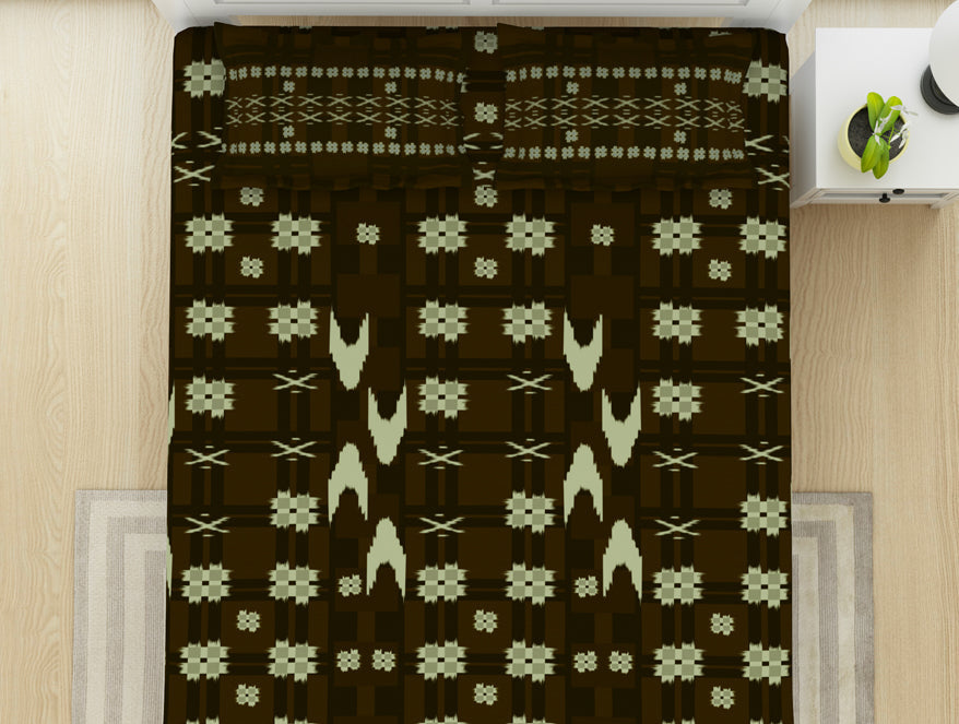 Spaces India Geometric Gothic Olive - Dark Brown 100% Cotton King Size Bedsheet - Ikkat By Spaces - view 3