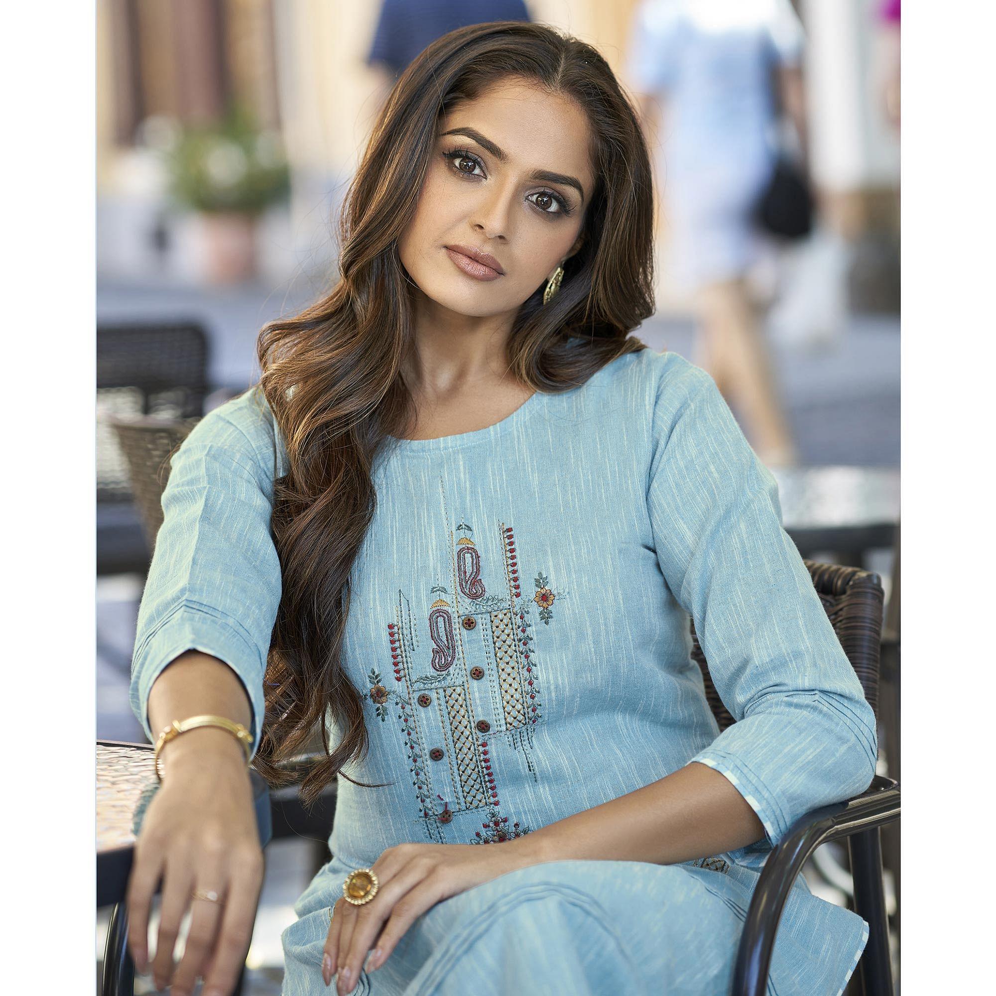 Peachmode Light Blue Embroidered Cotton Kurti - Pant Set - view 2