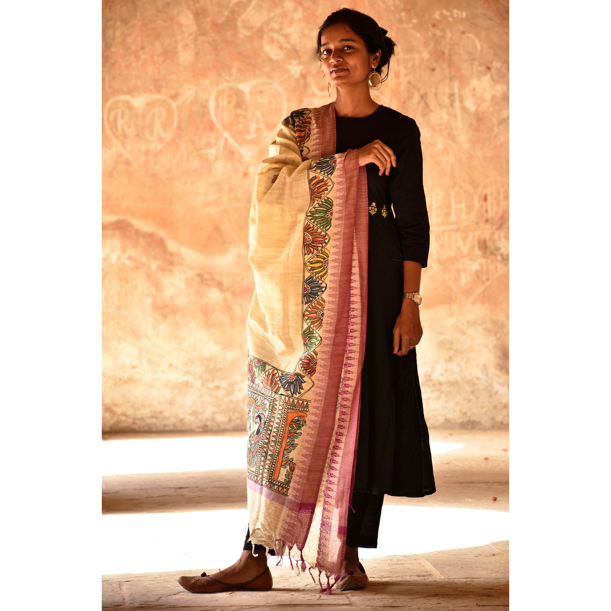 DIORAMA DESIGNS Beige - Madhubani Hand-Painted Cotton Dupatta - view 2