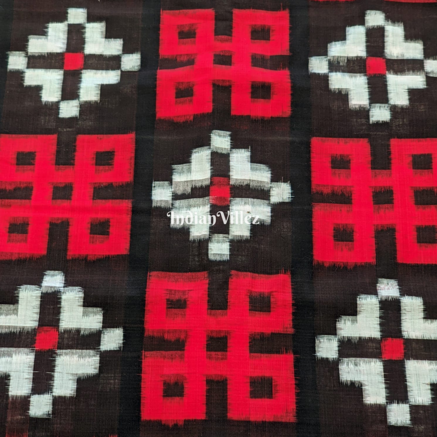 IndianVillèz Black Red Pasapali Sambalpuri Ikat Cotton Fabric - view 2