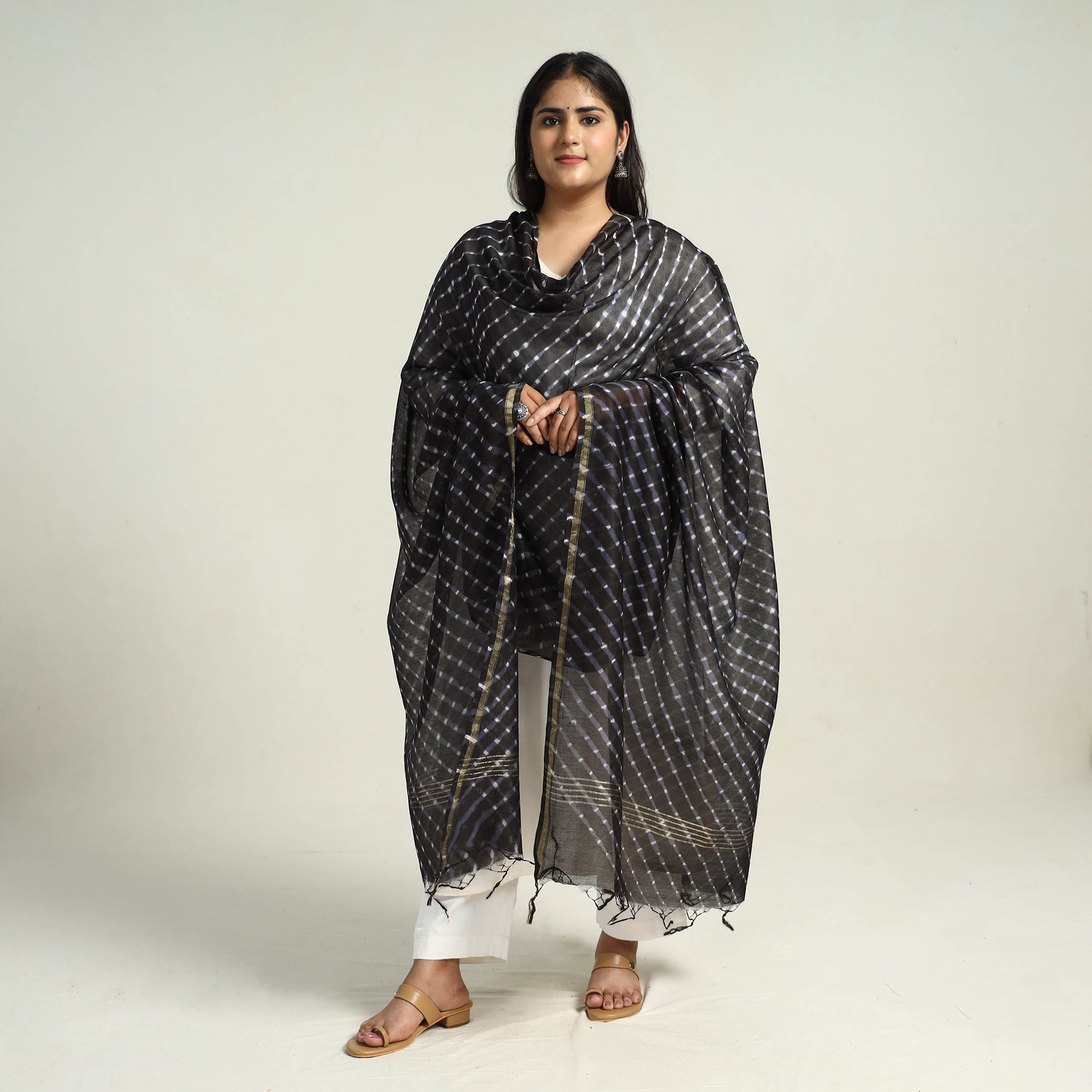 LEHARIYA BY BADSHAH MIYAN Black - Traditional Tie & Dye Chanderi Silk Leheriya Dupatta 54