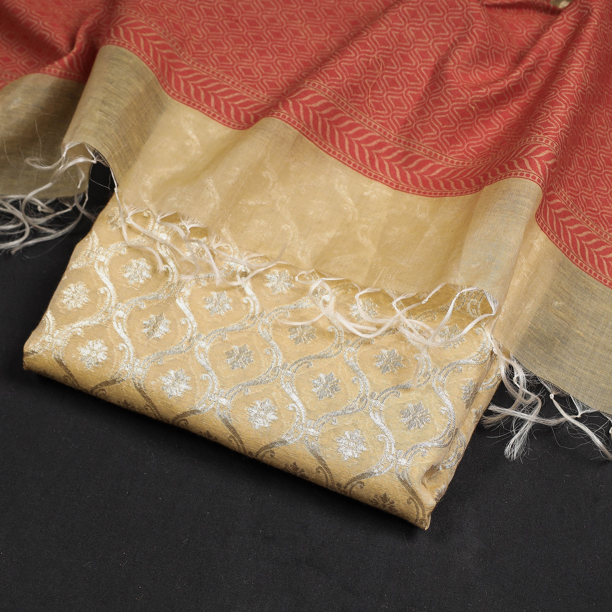 NOORI BAZAR Beige - 2pc Zari Buti Silk Cotton Handloom Banarasi Dress Material - view 2