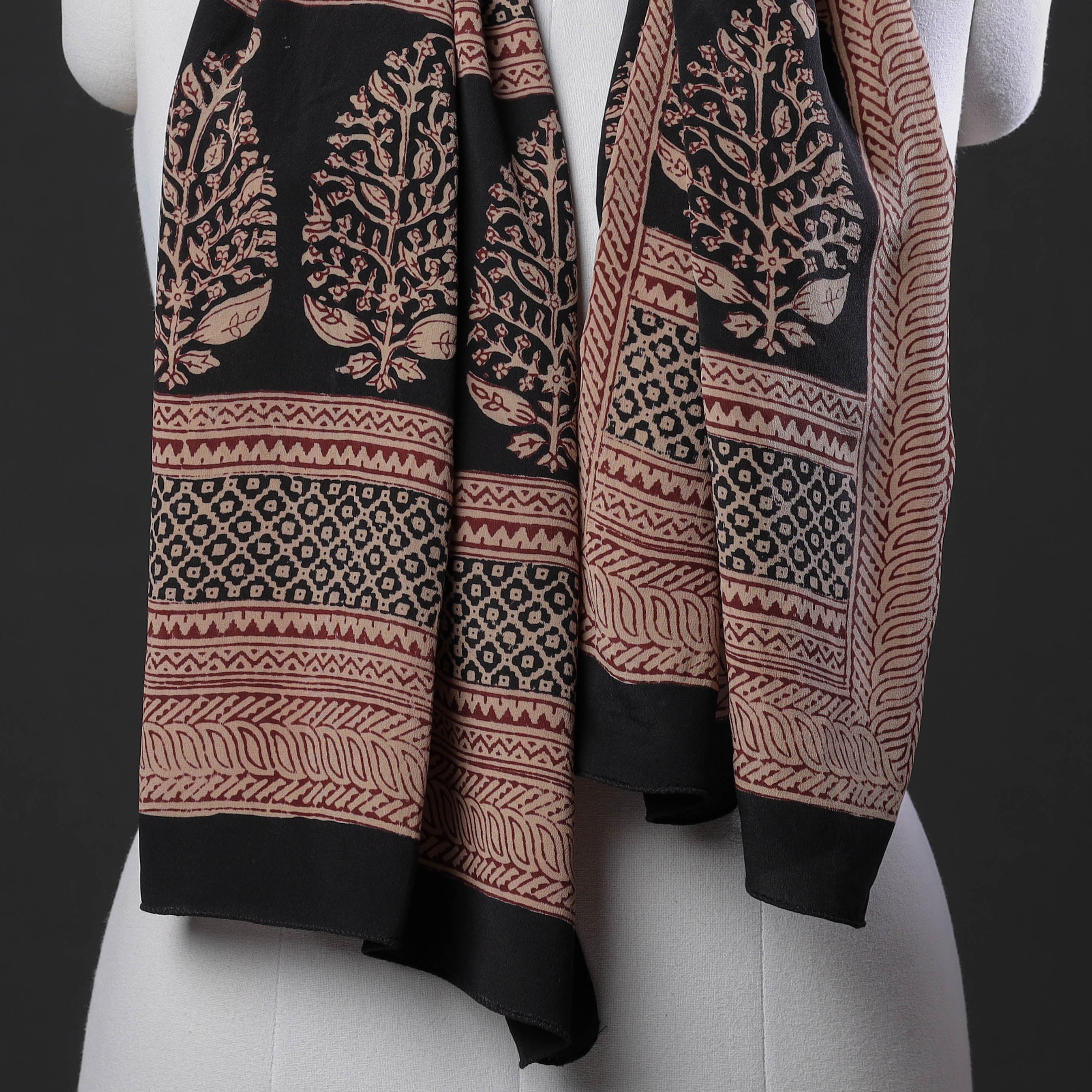 BAGH PRINTS BY MOHAMMED BILAL KHATRI Brown - Bagh Block Printing Natural Dyed Crepe Silk Stole - view 3