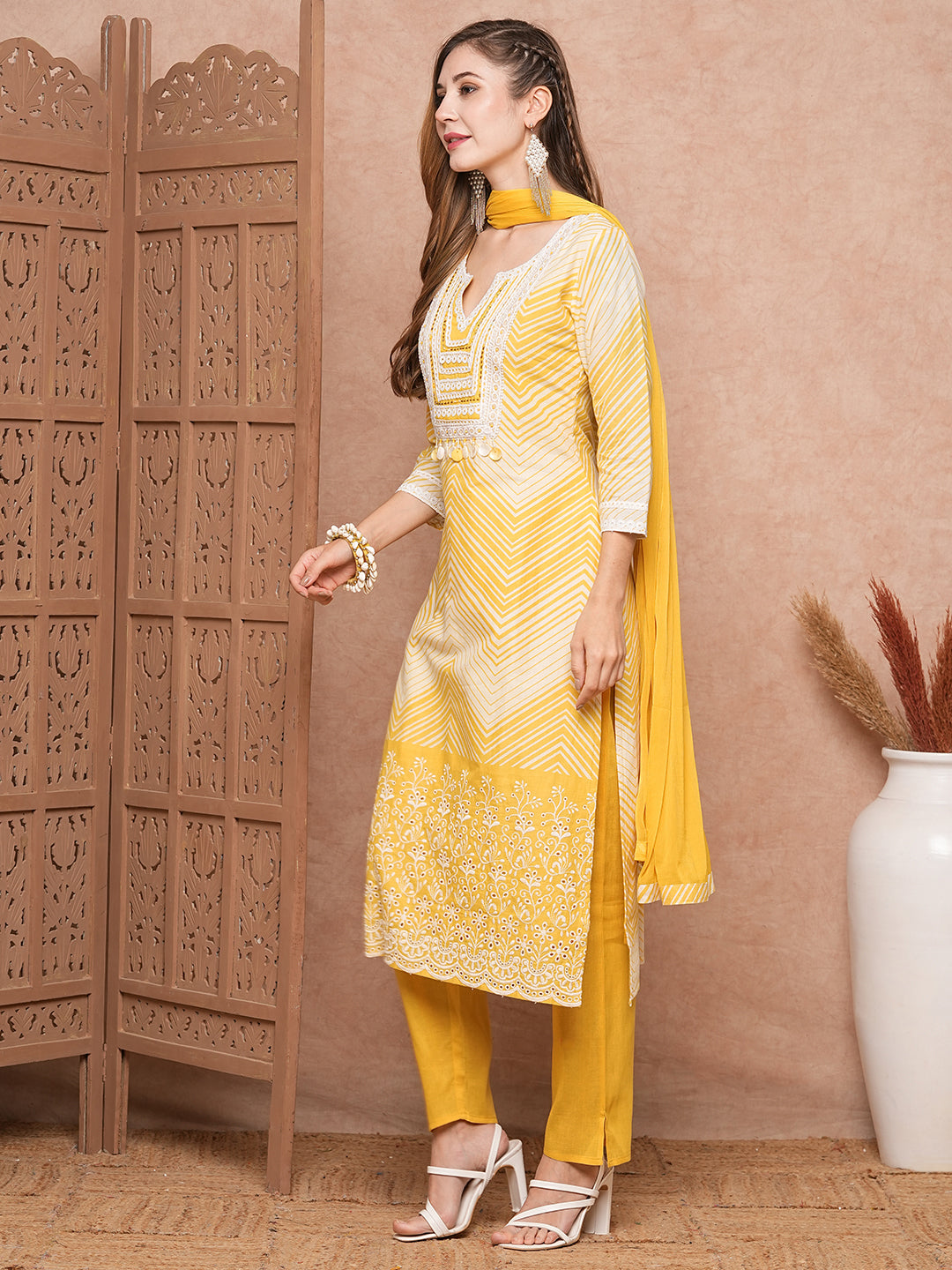 Fashor Chevron Printed Mother-of-Pearl Embellished Schiffili Kurta with Pants & Dupatta - Yellow - view 4