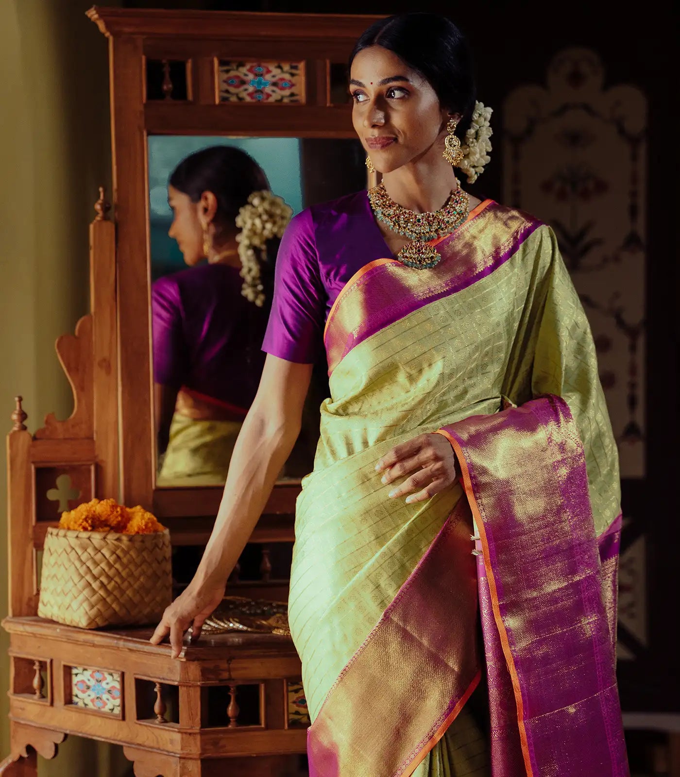 RmKV Cardamom Green Handloom Kanchipuram Korvai Silk Saree With Beldari Checks-Cardamom Green