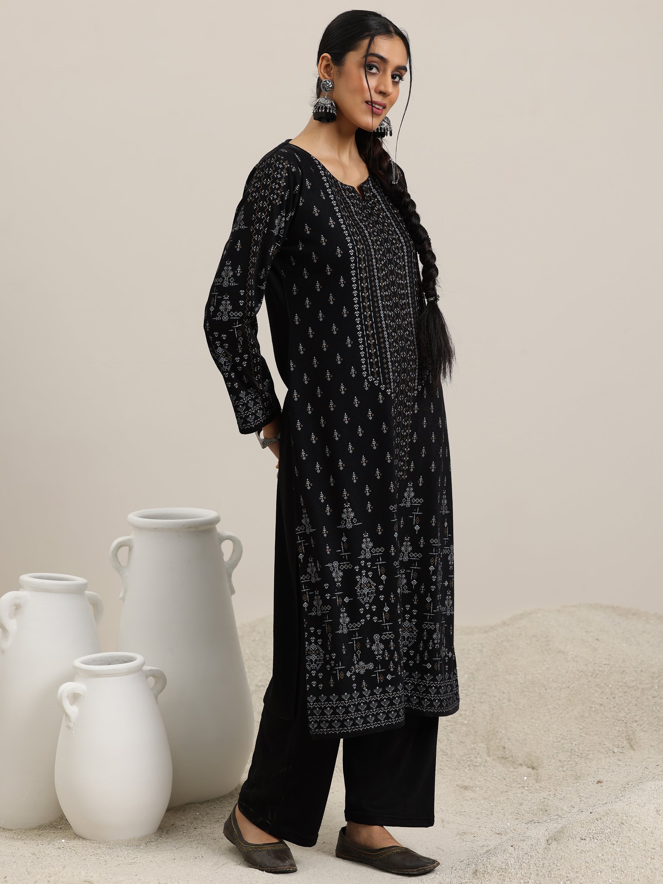Libas Black Woven Design Wool Blend Straight Suit With Dupatta - view 2