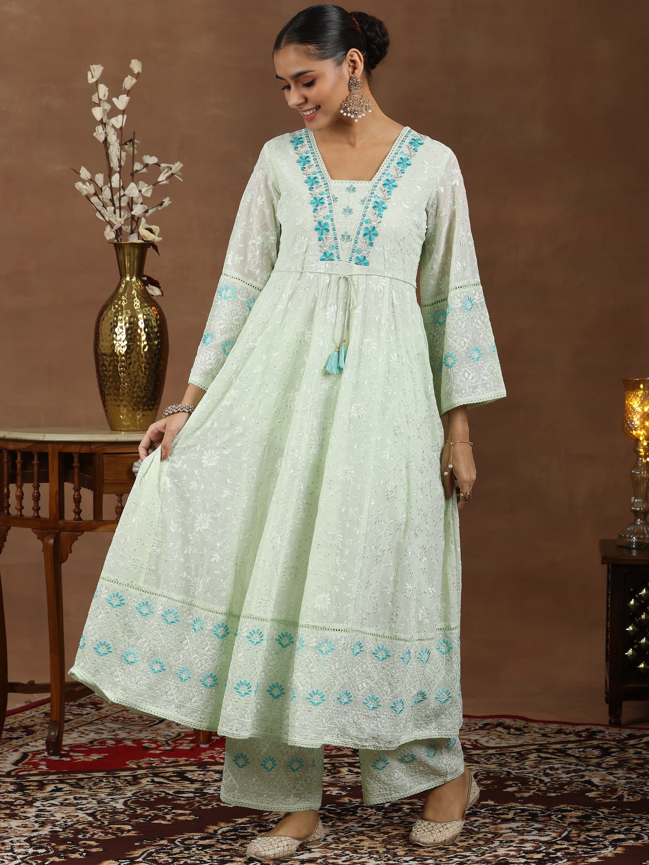 Libas Green Embroidered Georgette Anarkali Suit With Dupatta - view 2
