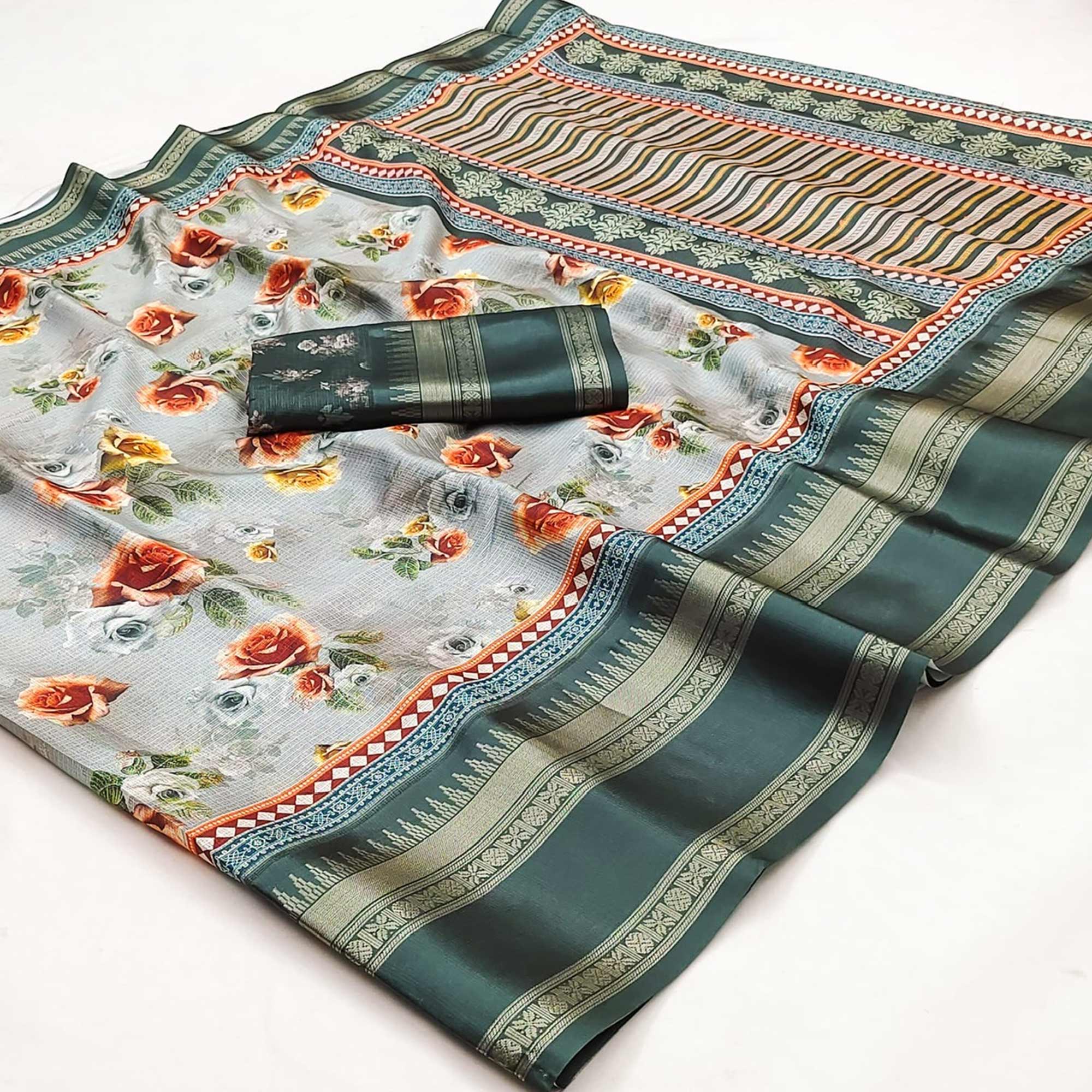 Peachmode Dark Grey Floral Digital Printed Cotton Silk Saree - view 3
