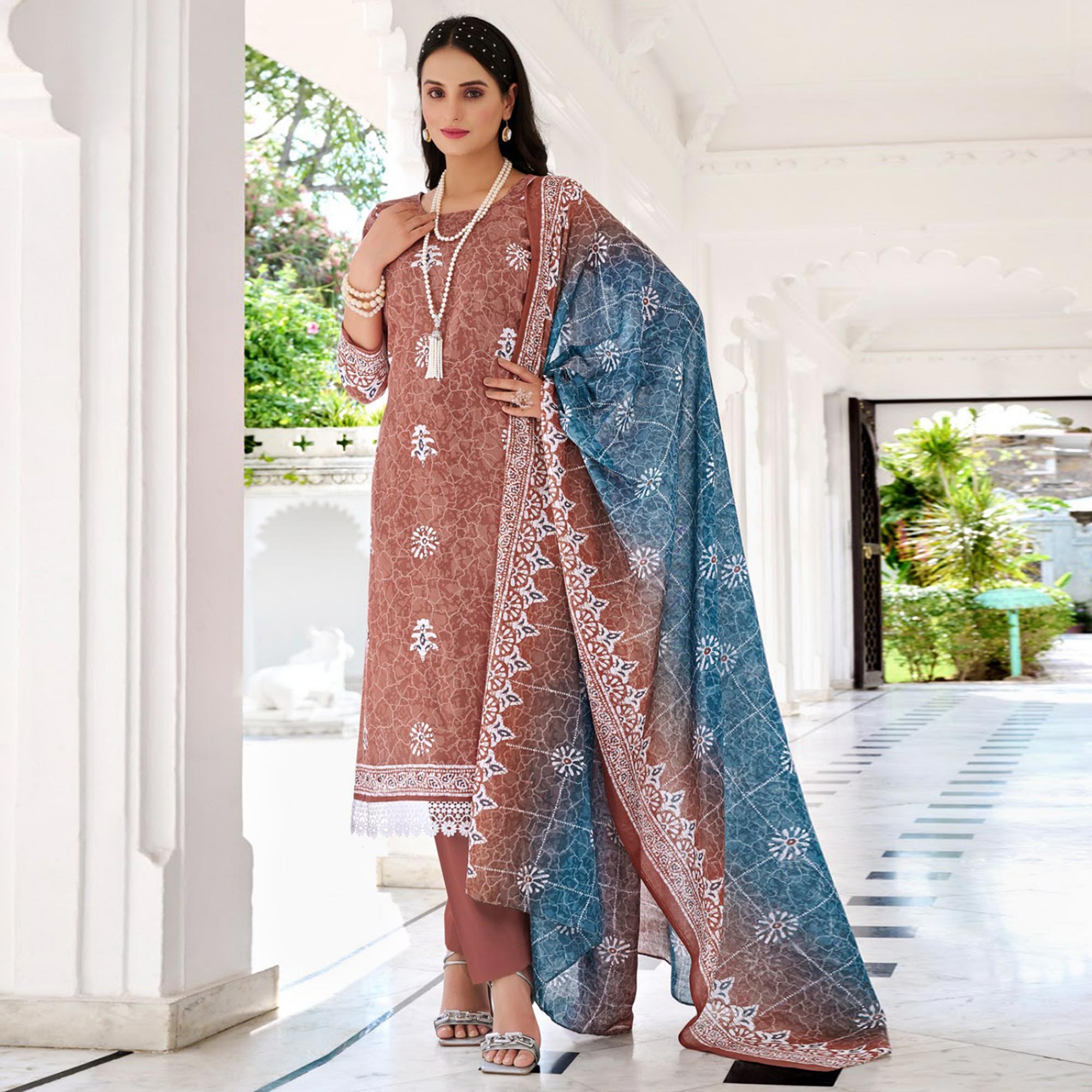 Peachmode Brown Digital Printed With Mirror Work Pure Cotton Suit