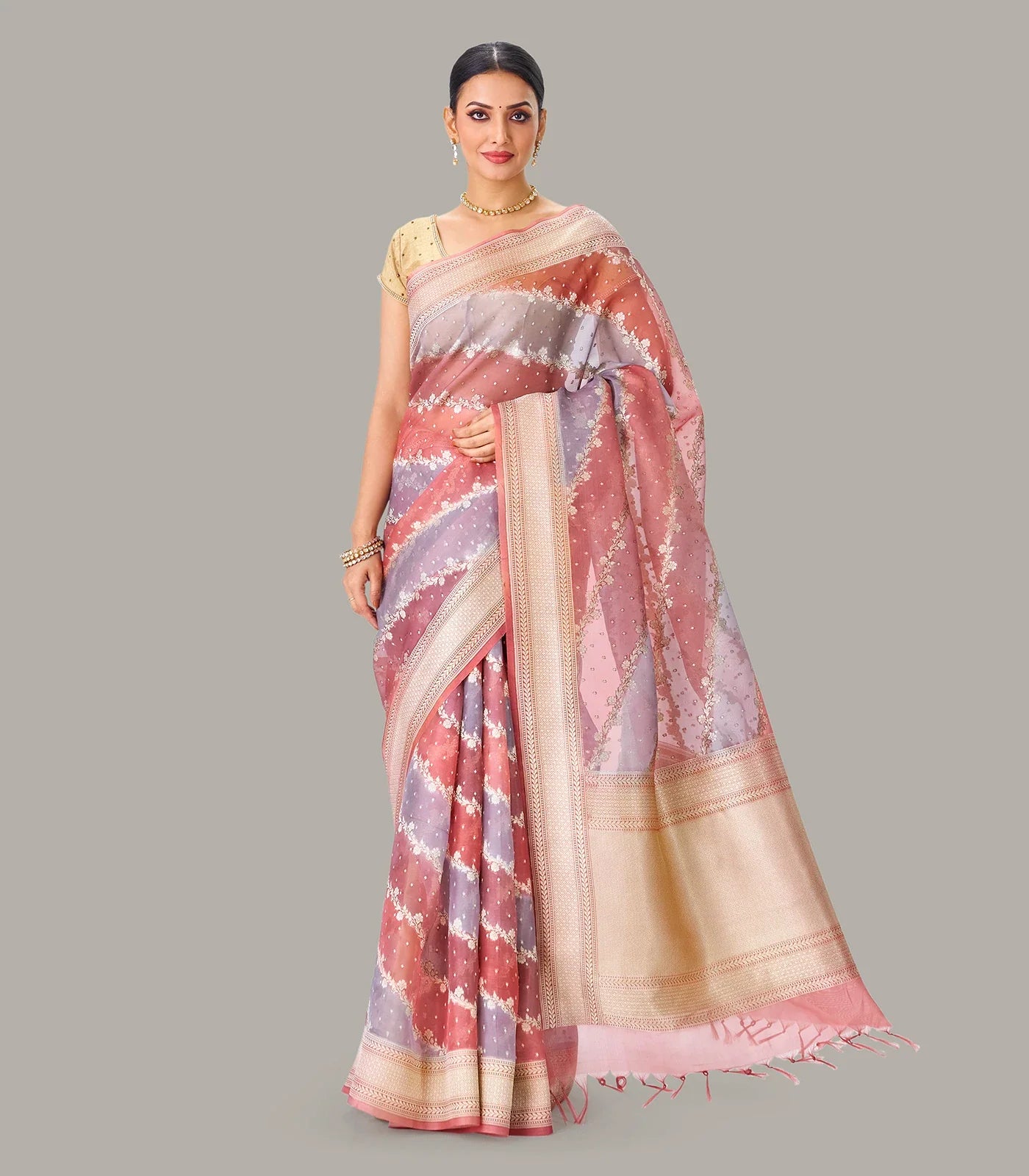 RmKV Peach & Grey Banarasi Organza Silk Saree With Floral Motifs