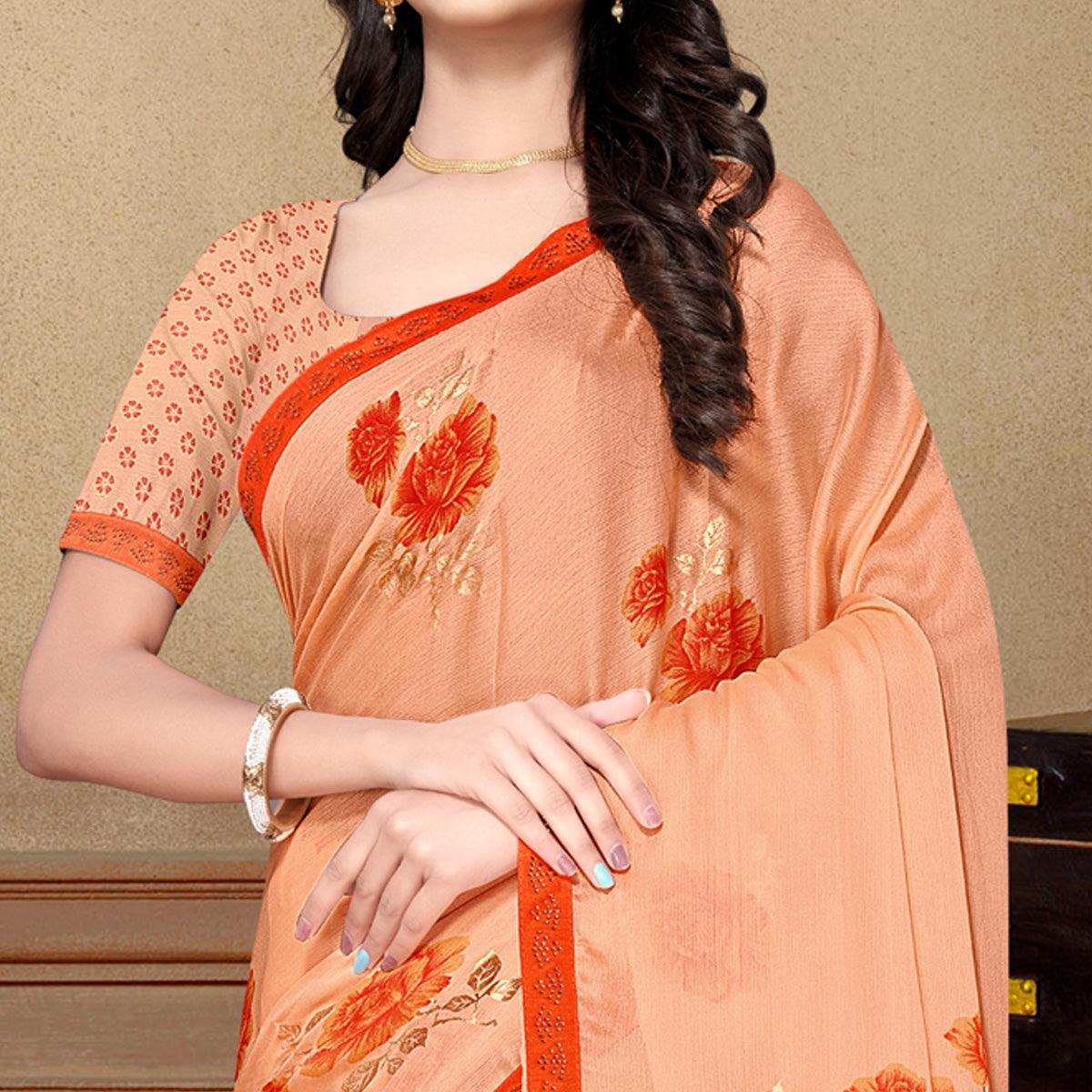 Peachmode Light Orange Partywear Foil Printed & Embellished Moss Chiffon Saree - view 2