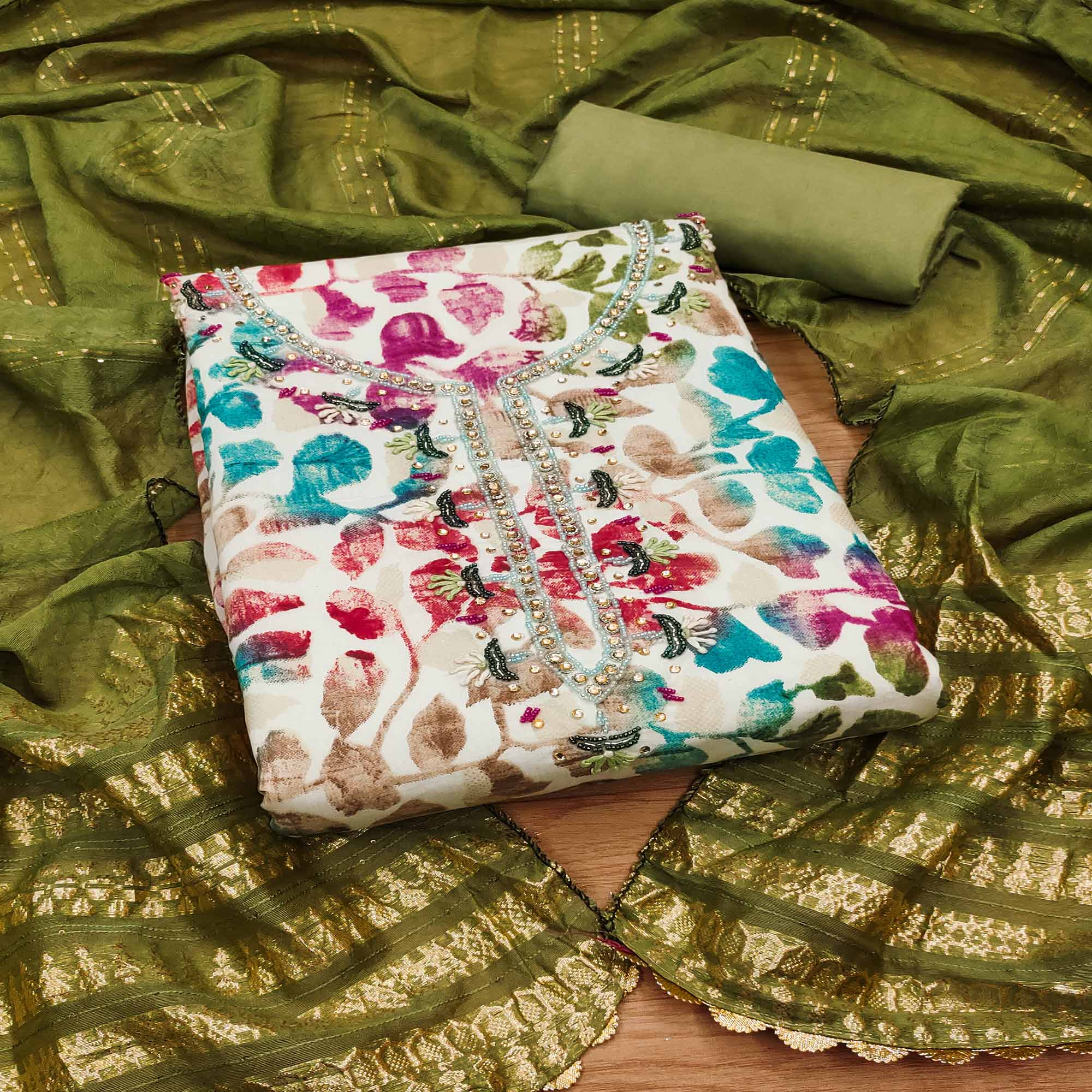 Green dresses – BlackTree green-floral-foil-printed-with-handwork-modal-cotton-silk-dress-material