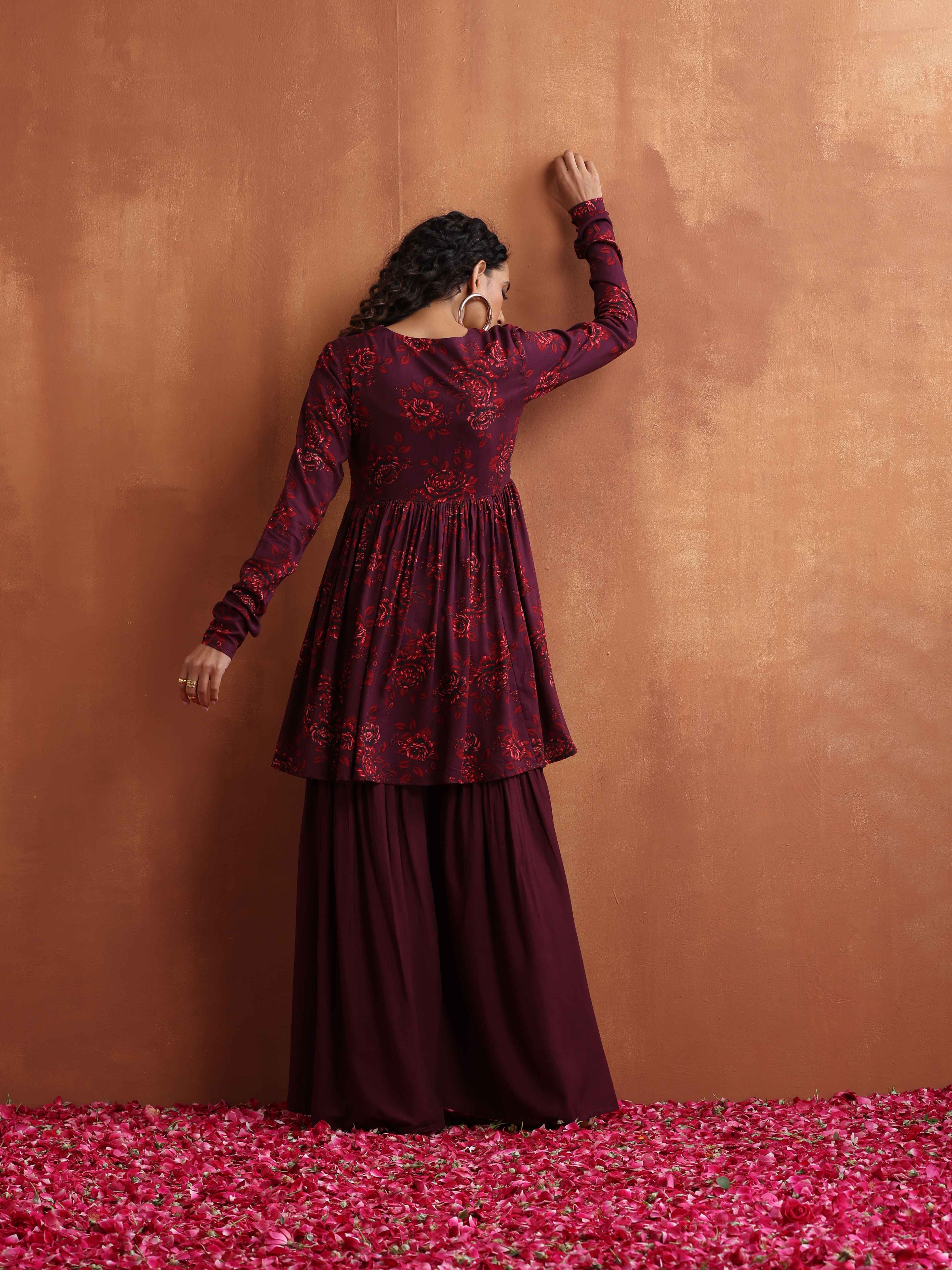trueBrowns Purple Floral Print Sharara Set - view 5