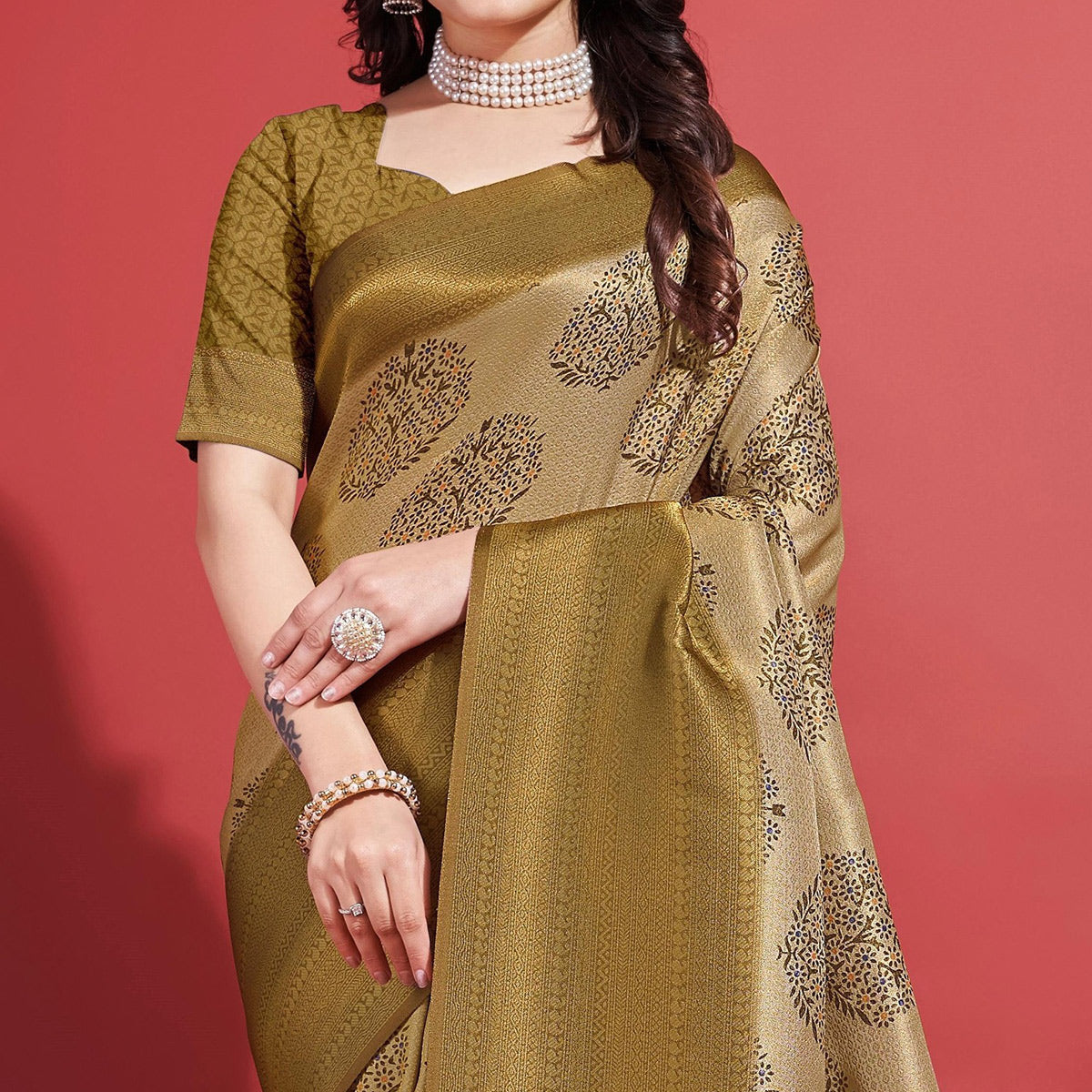 Peachmode Dark Mustard Floral Digital Printed With Woven Banarasi Silk Saree - view 3