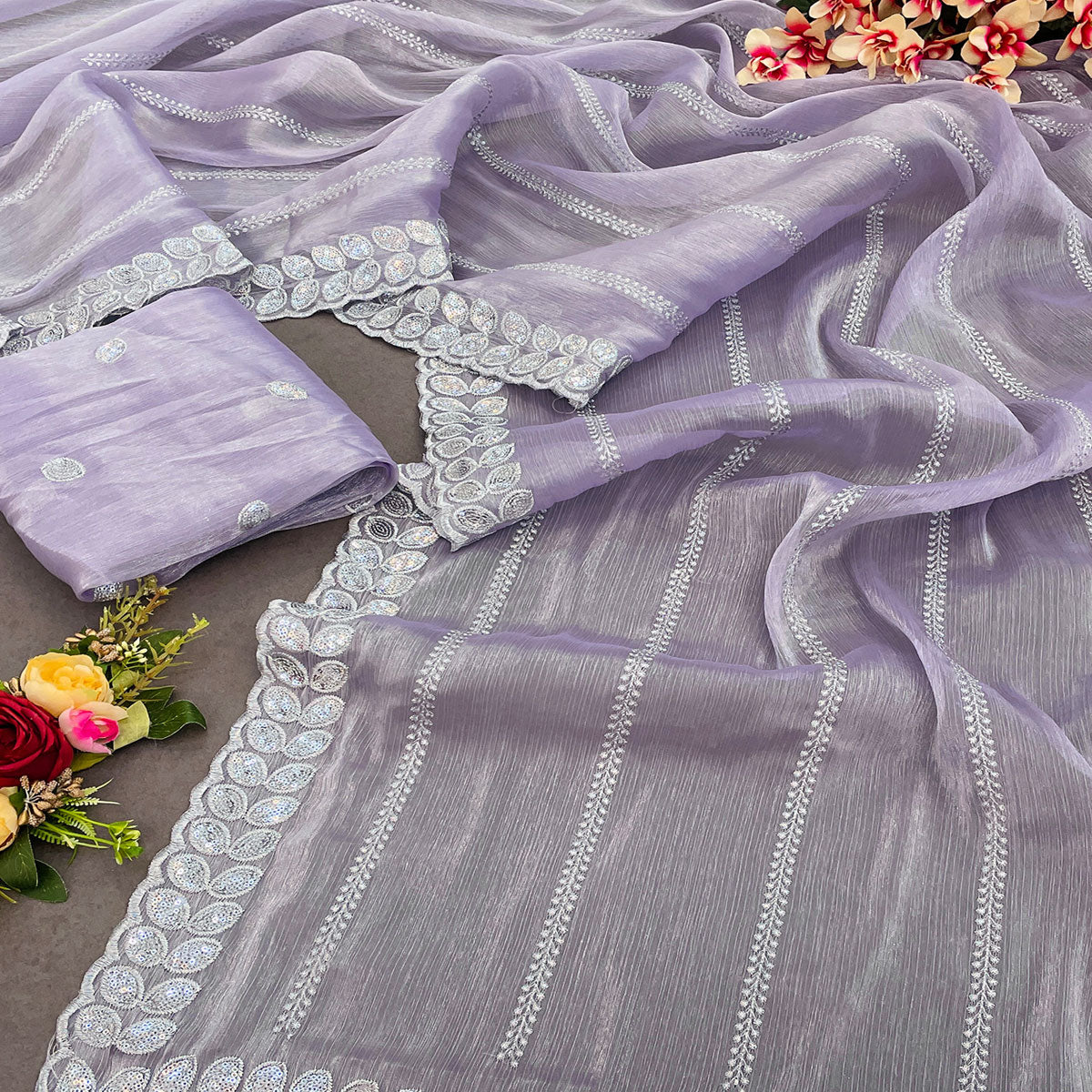 Peachmode Lavender Sequins Embroidered Chiffon Silk Saree - view 2