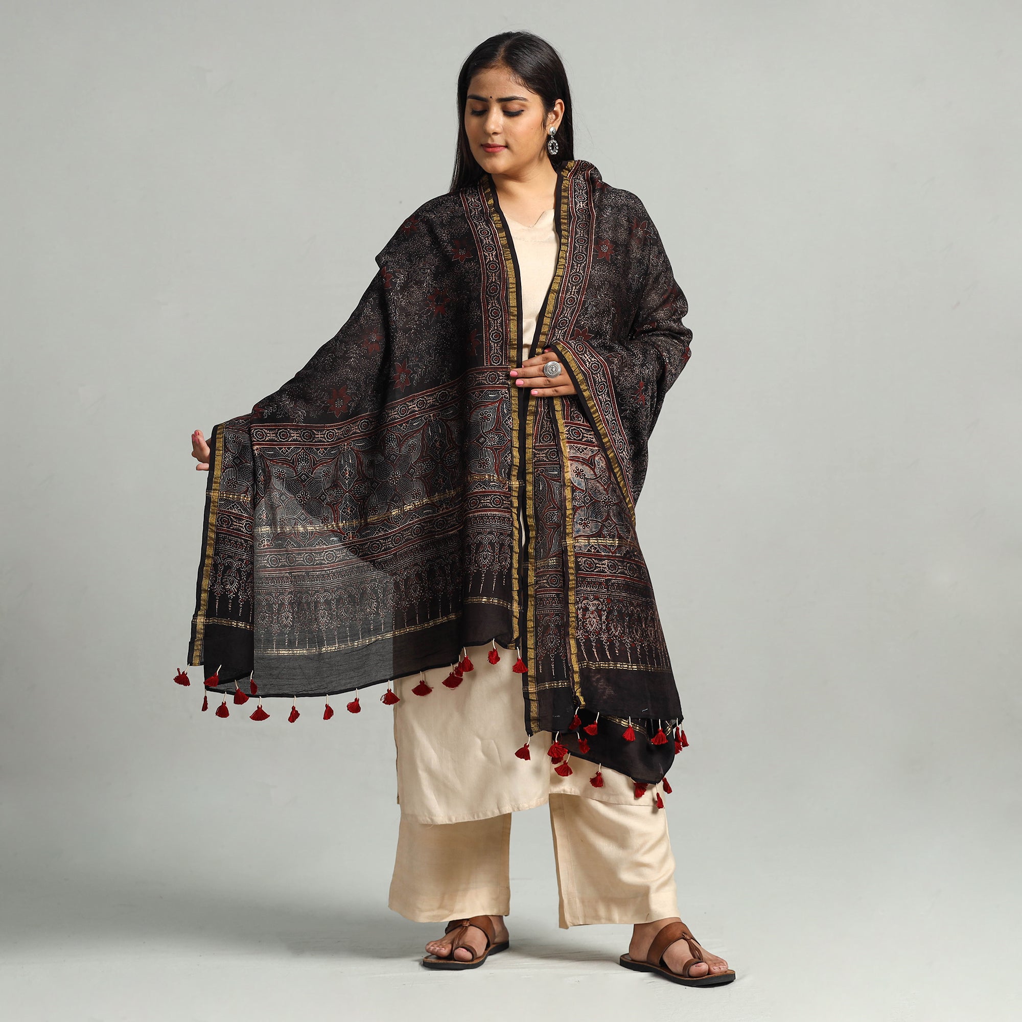 AJRAKH BY SUFIYAN ISMAIL KHATRI Black - Block Printed Chanderi Silk Handloom Ajrakh Dupatta 27 - view 2