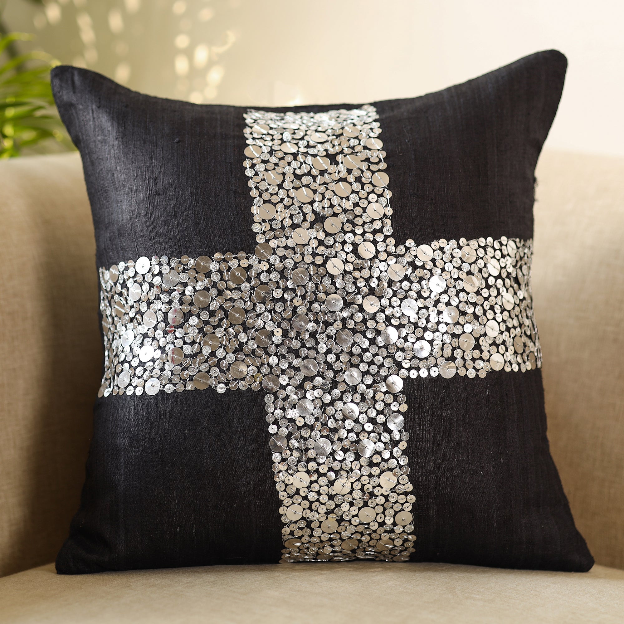 CHHATTISGARH HASTSHILP VIKAS BOARD Black - Aari Embroidery Sequin Work Ghicha Silk Cushion Cover (16 x 16 in) - view 2