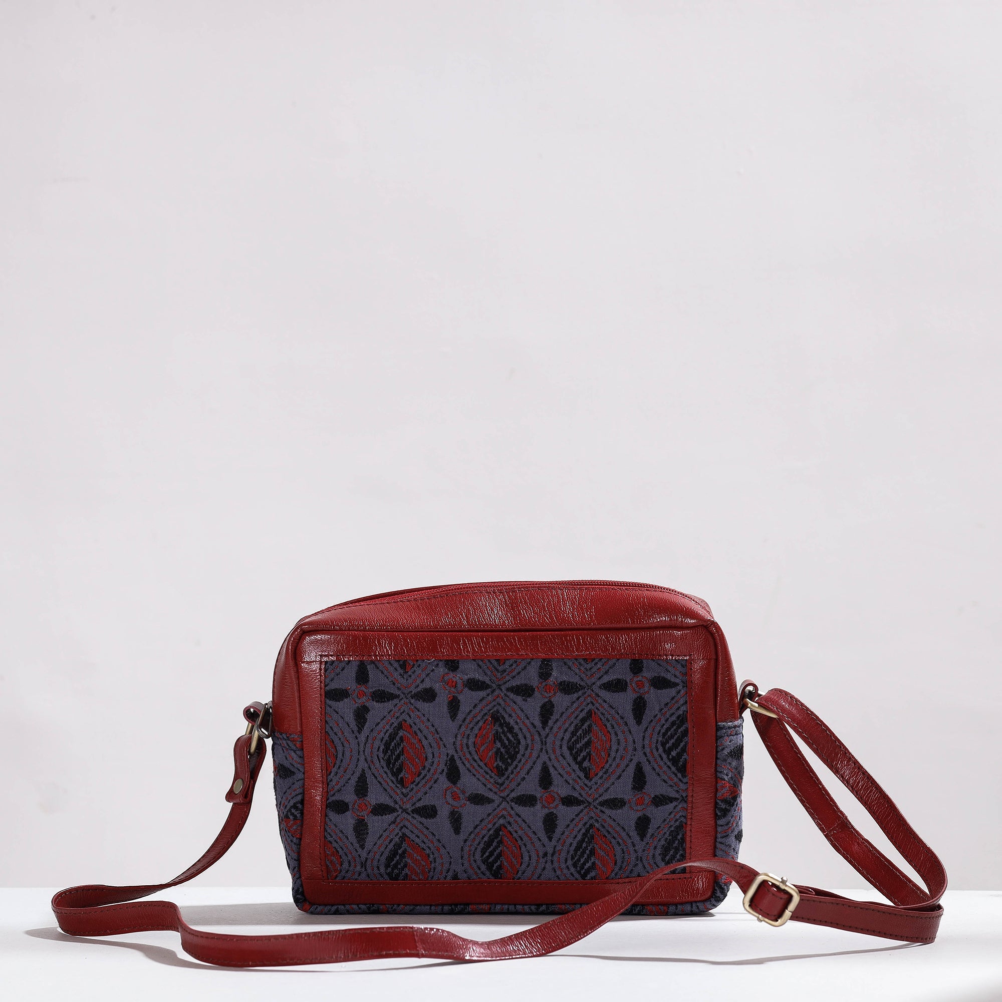 Cotton leather sling – ASALKAAR Brown - Handcrafted Kantha Embroidery Cotton & Leather Sling Bag