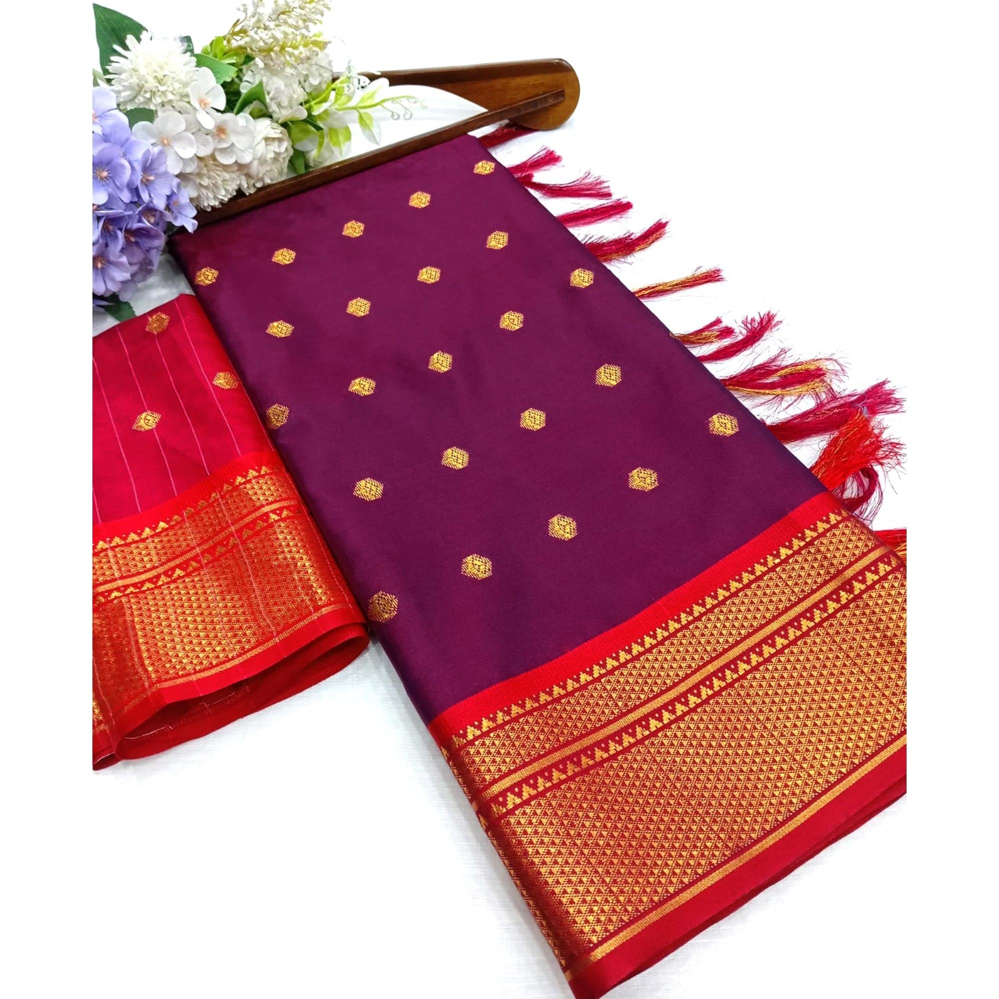 Peachmode Purple Zari Woven Lichi Art Silk Saree With Tassels - view 5