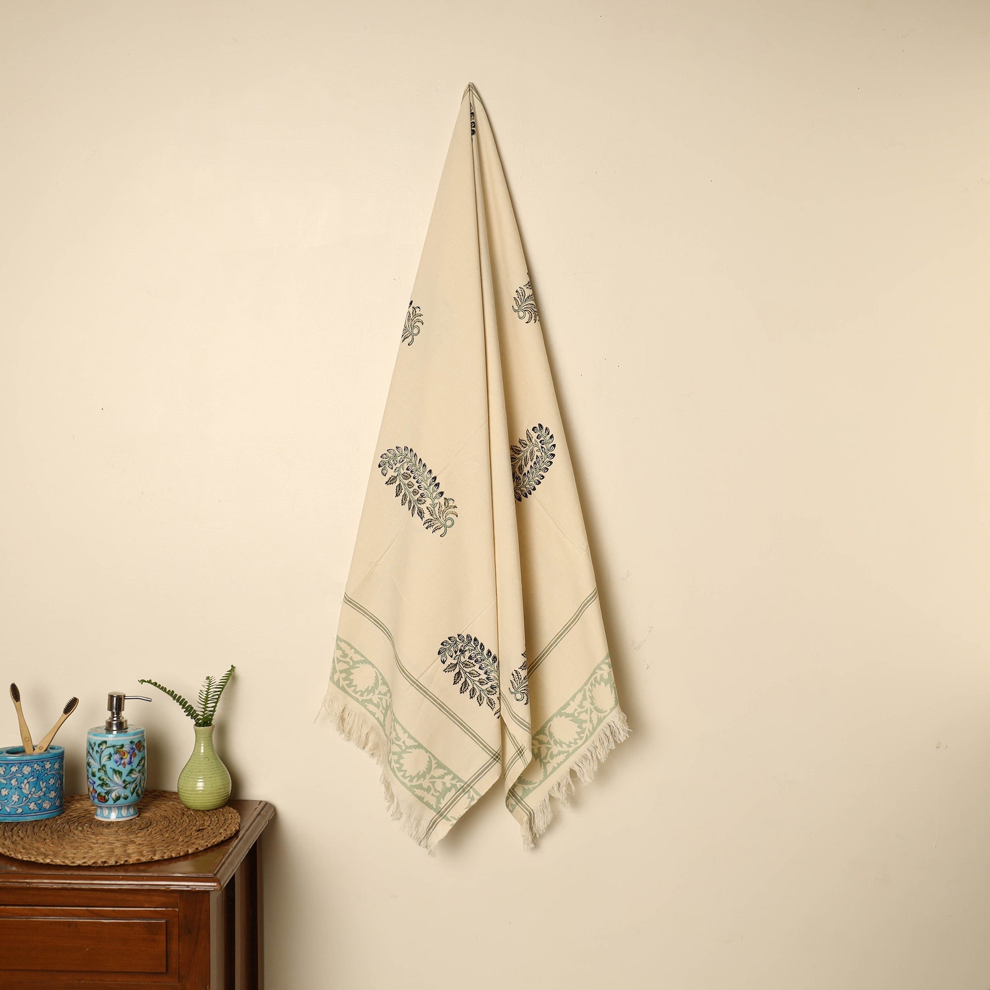 ARTISAN HAND BLOCK PRINTS Beige - Block Printed Handloom Cotton Sanganeri Towel 20