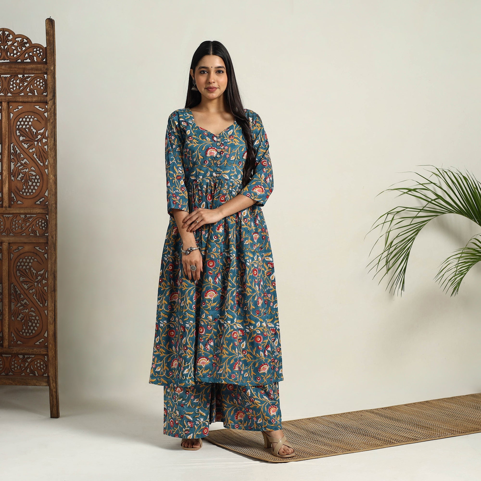 ITOKRI CASUALS Blue - Block Print Cotton Flared Sanganeri Kurta Set 13 - view 2