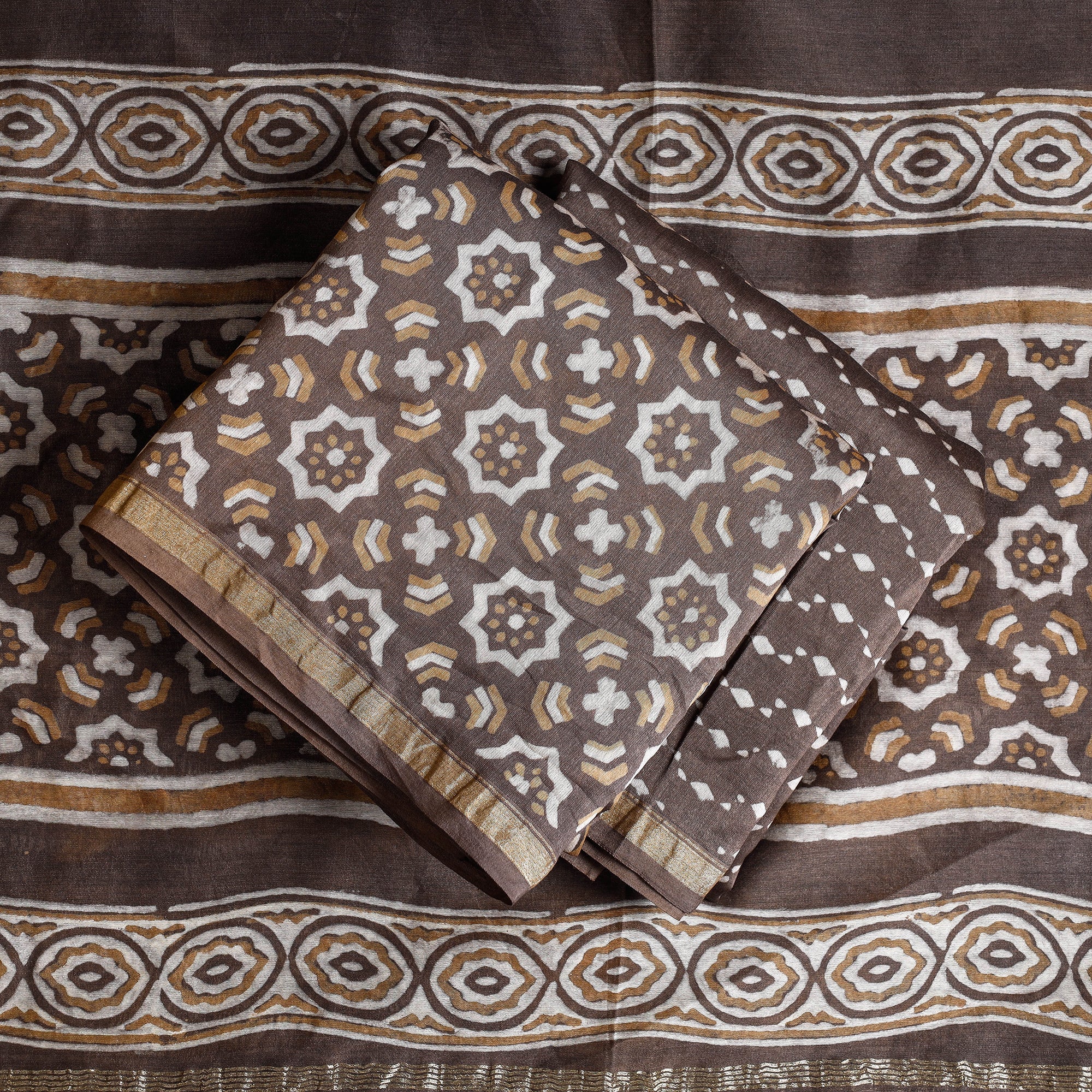 HAVELI CHRONICLES Brown - 3pc Akola Block Printed Chanderi Silk Suit Material Set - view 2