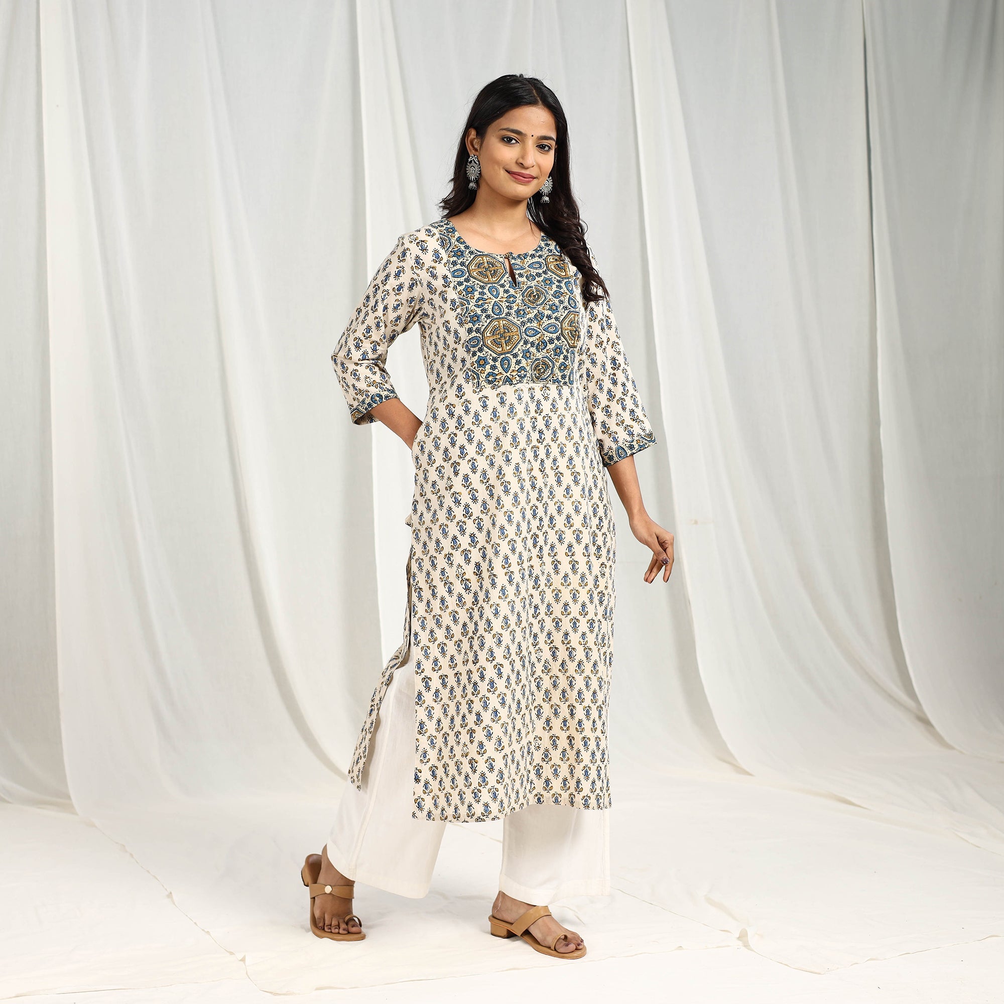 ITOKRI CASUALS Beige - Block Printed Cotton Straight Ajrakh Kurta 06 - view 2