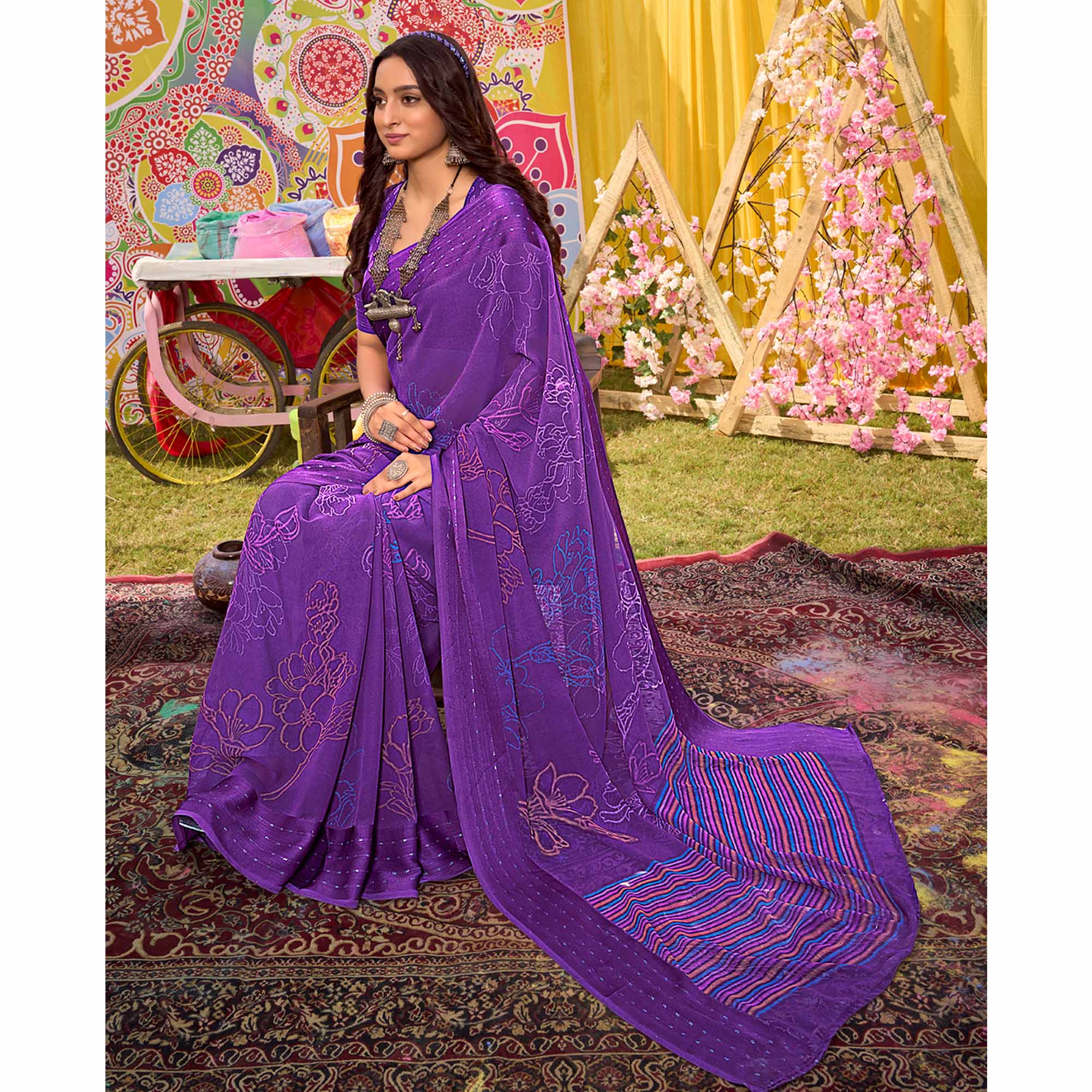 Peachmode Lavender Floral Printed Georgette Saree With Woven Border - view 4