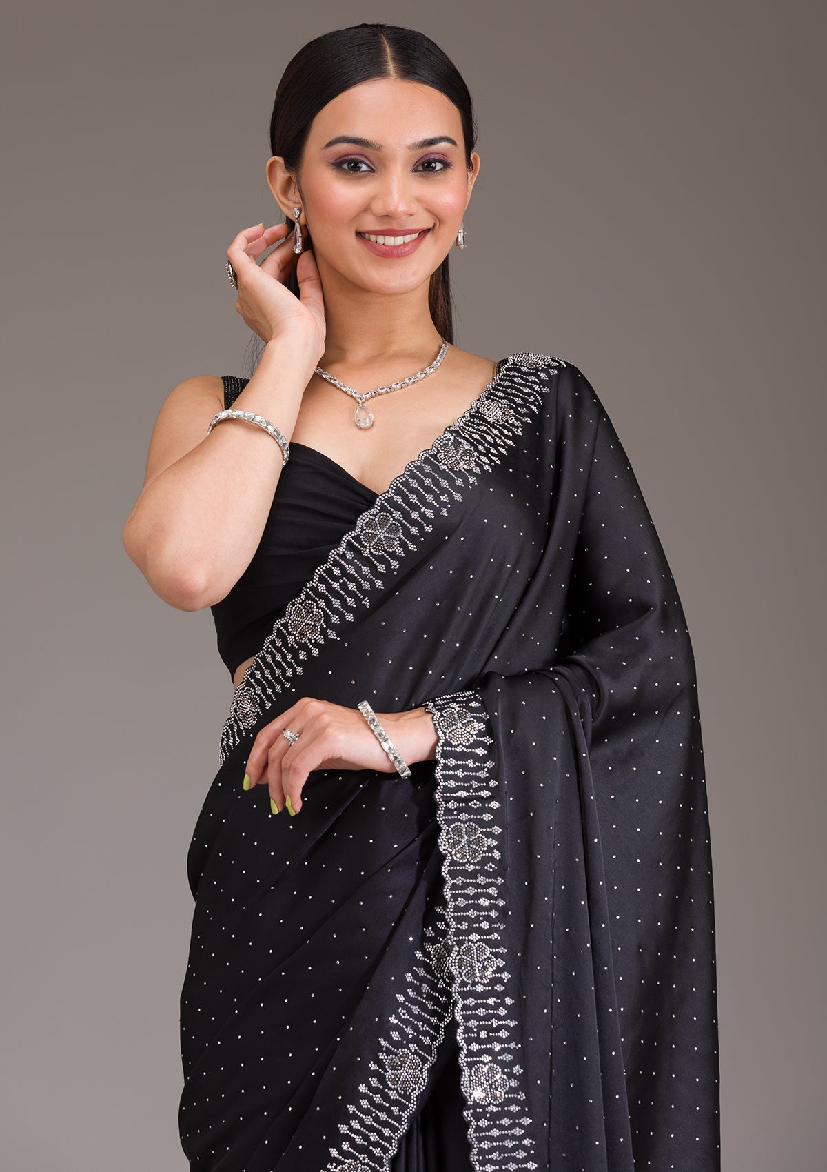 Koskii Black Swarovski Satin Saree – Women's - view 9
