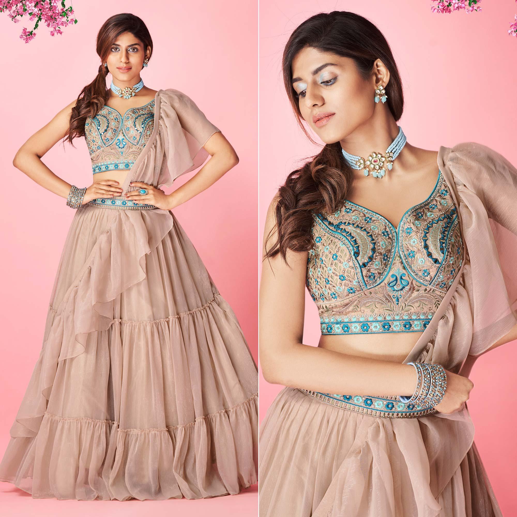 Peachmode Brown Embellished With Embroidered Chiffon Lehenga Choli