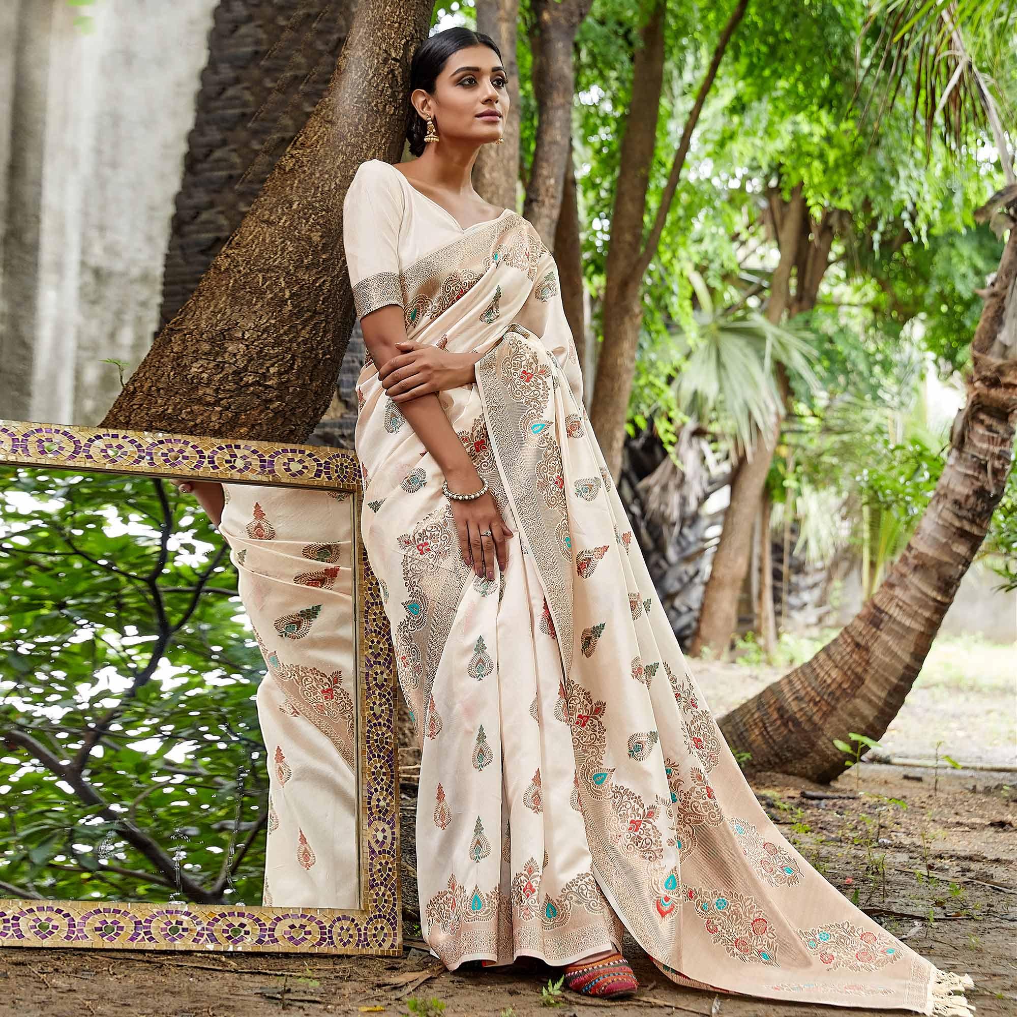 Peachmode Cream Partywear Woven Silk Saree – Women's