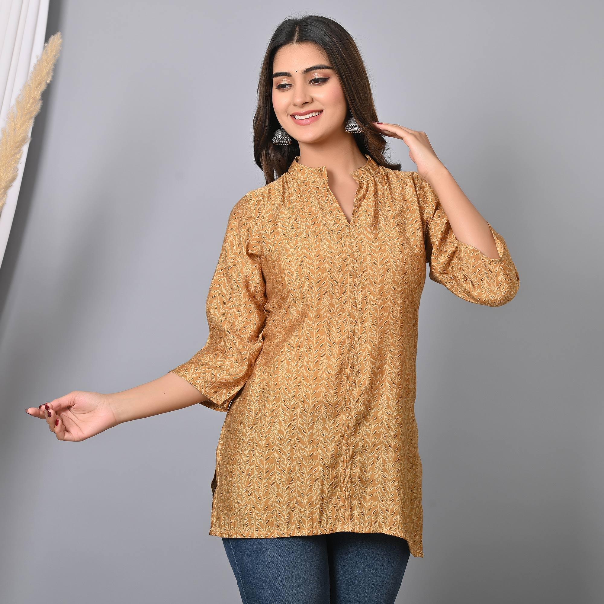 Peachmode Chikoo Colored Floral Printed Chanderi Top - view 4