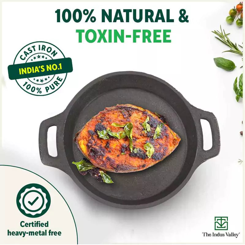 The Indus Valley CASTrong Cast Iron Fish Fry Pan, Pre-seasoned, Nonstick, 100% Pure, Toxin-free, Induction, 22.4/25cm, 1.5kg/2kg - view 5