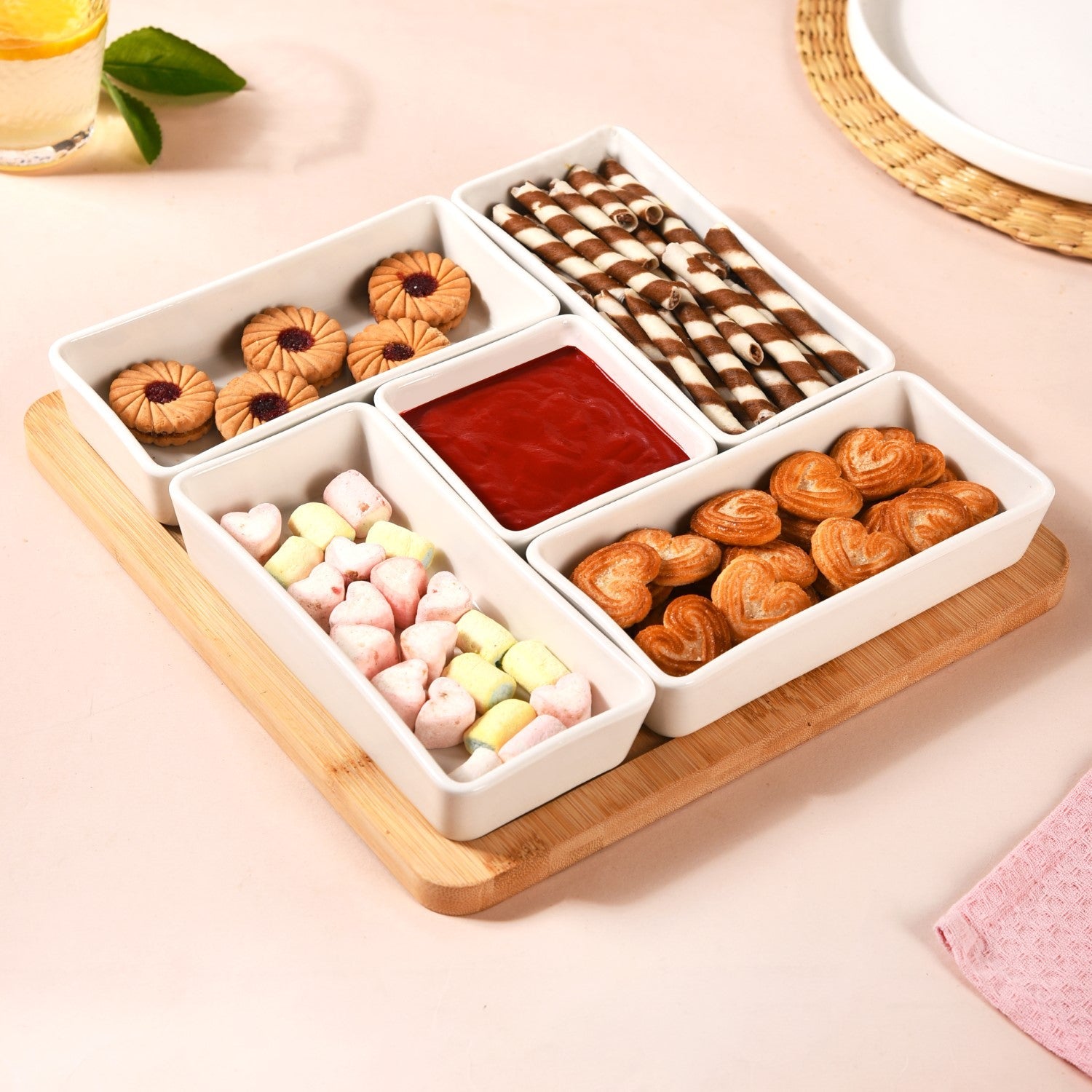 Nestasia White Ceramic Bowls With Bamboo Tray Set Of 5