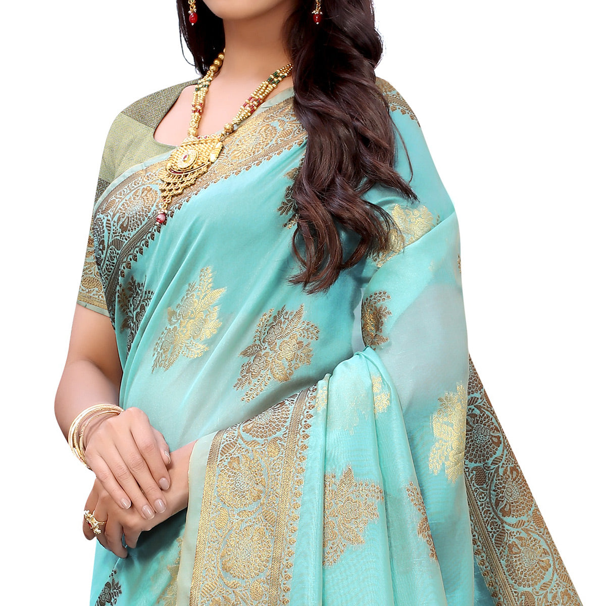 Peachmode Firozi Festive Wear Floral Woven Silk Saree - view 2