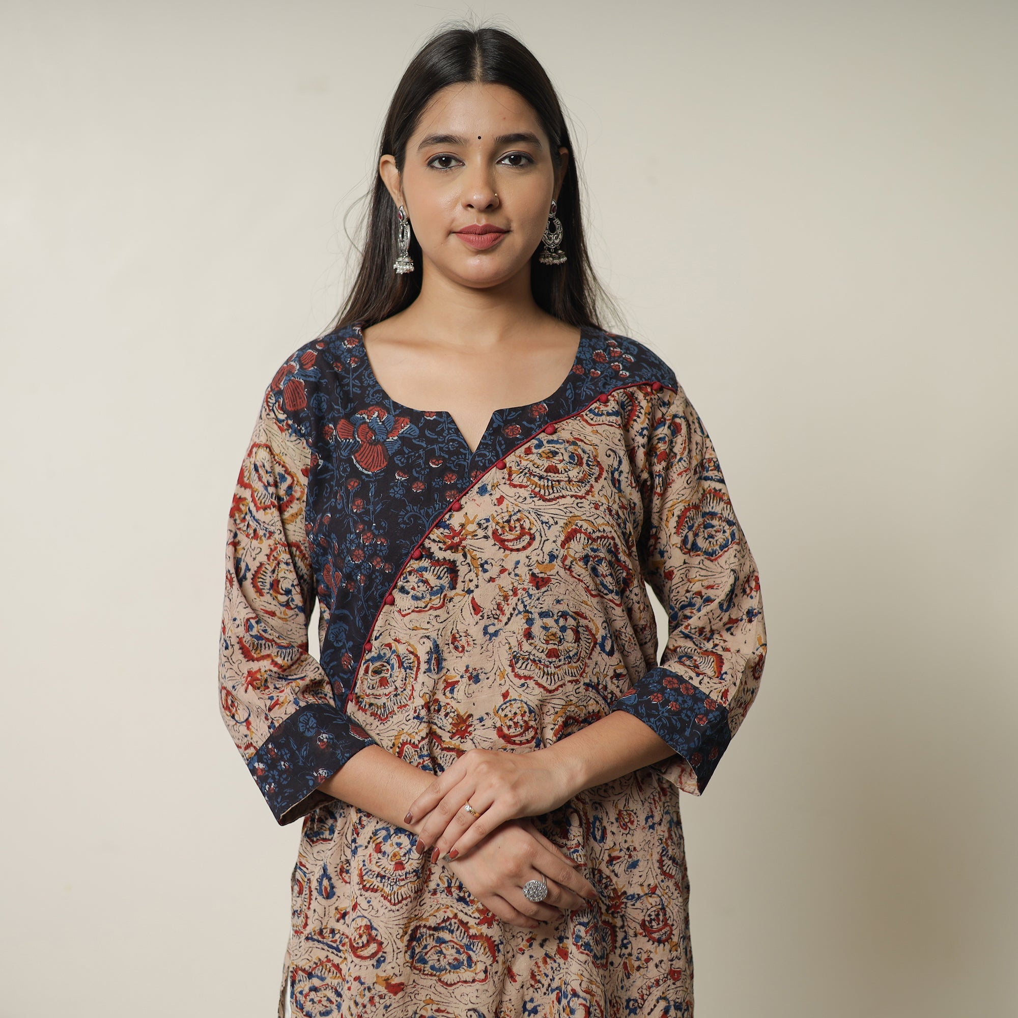 ITOKRI CASUALS Brown - Pedana Kalamkari Block Printed Cotton Short Kurta with Ajrakh Patchwork 03